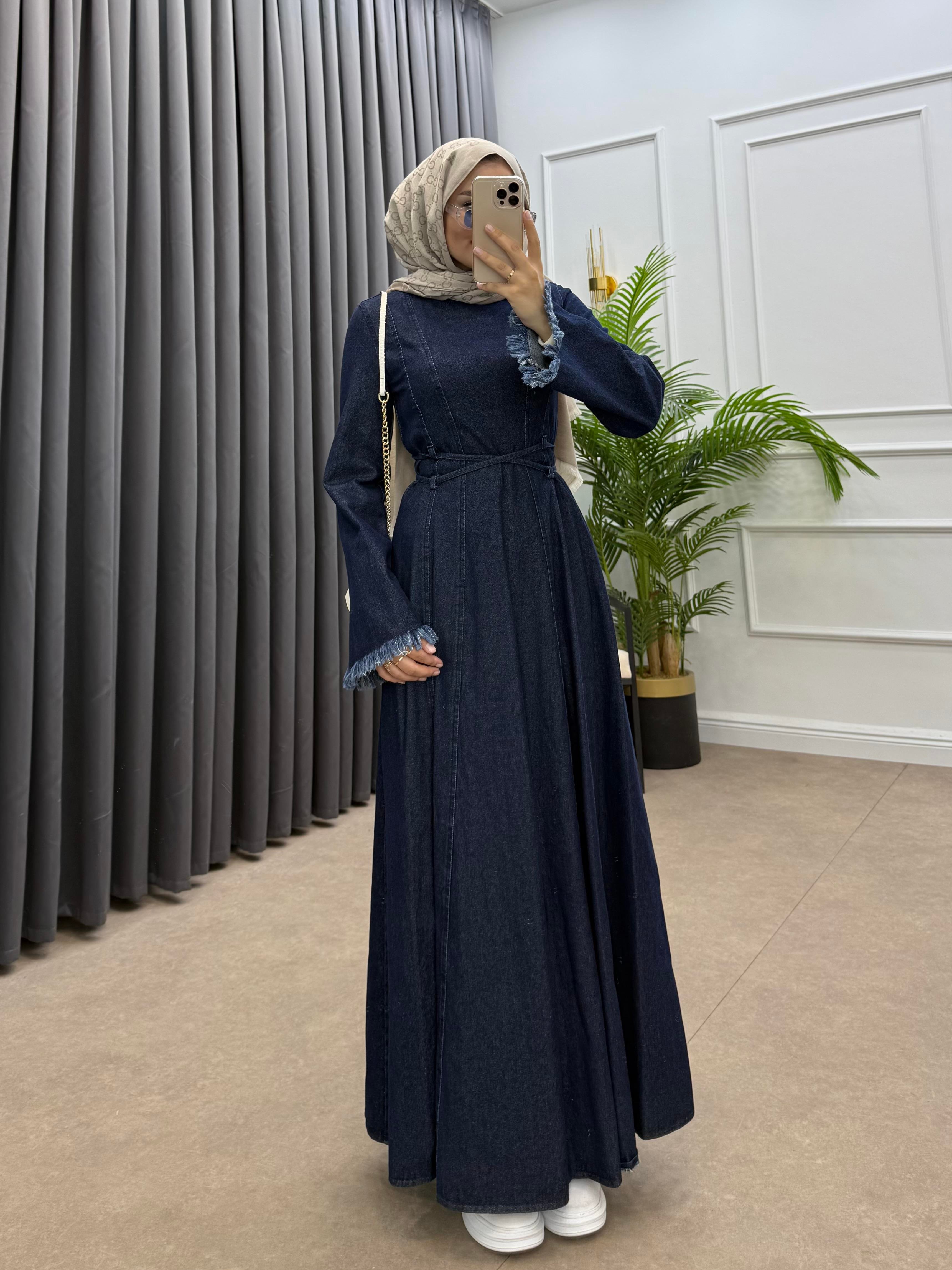 ÇİFT KEMERLİ DENİM ELBİSE LACİVERT