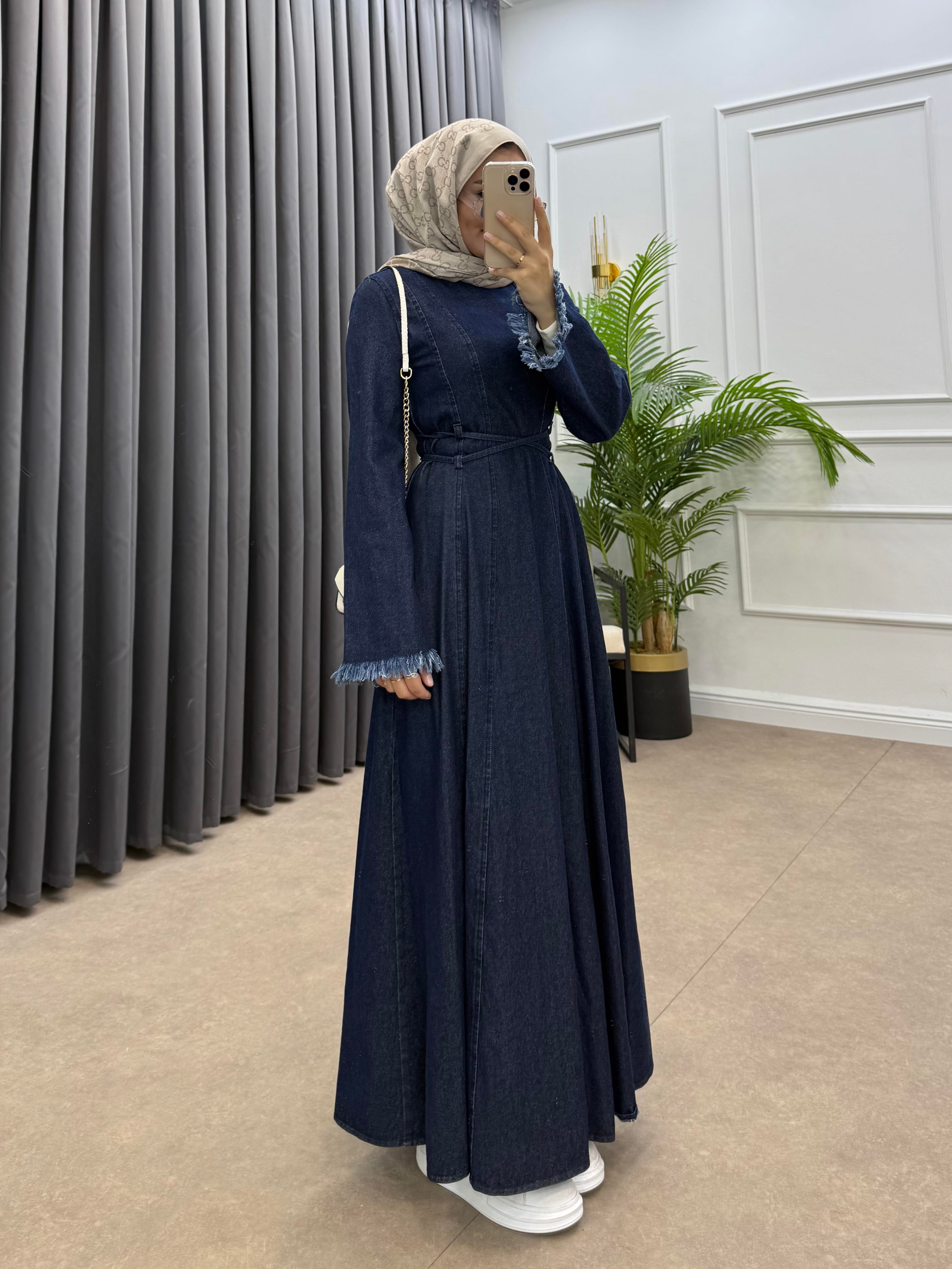 ÇİFT KEMERLİ DENİM ELBİSE LACİVERT