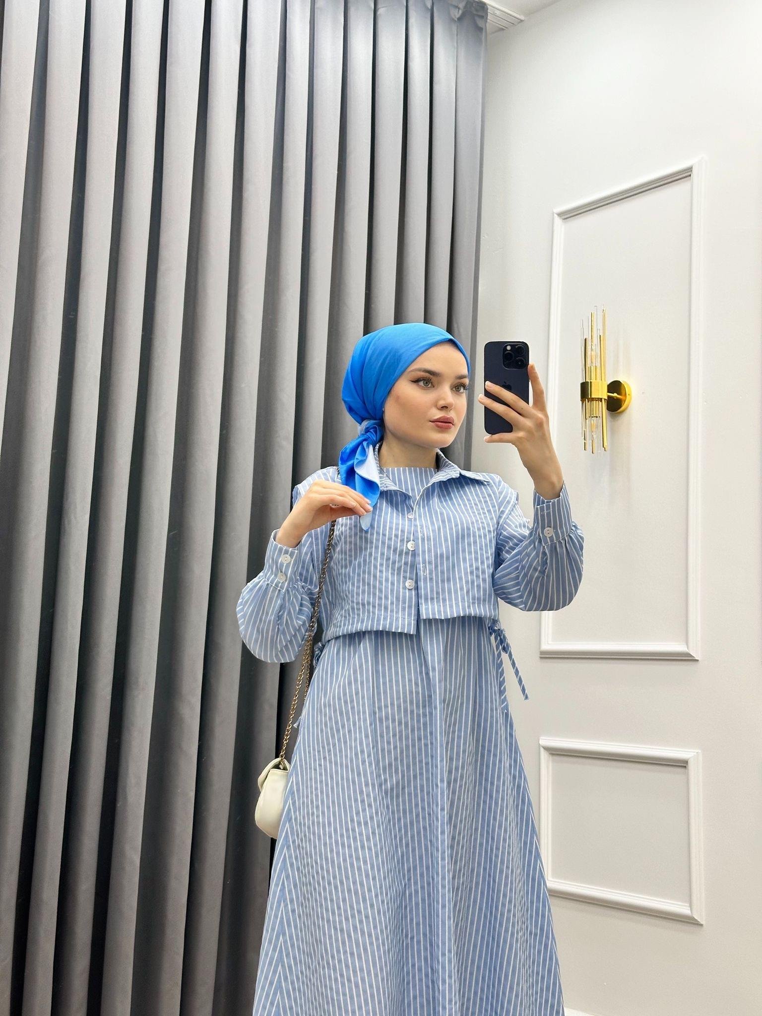 ÇİZGİLİ CROP ELBİSE BEBE MAVİSİ