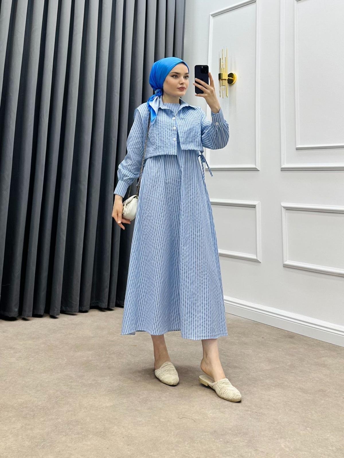 ÇİZGİLİ CROP ELBİSE BEBE MAVİSİ