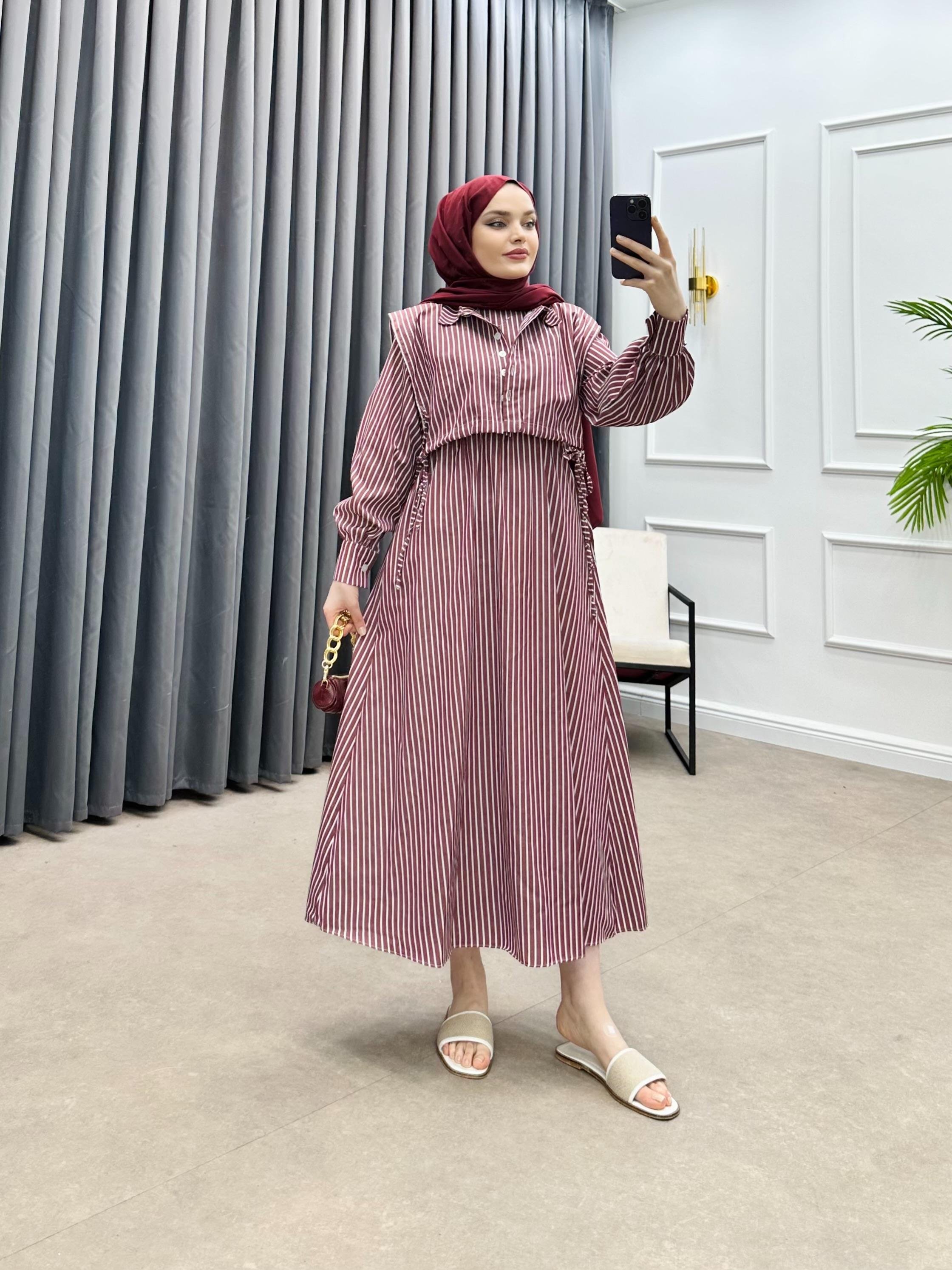 ÇİZGİLİ CROP ELBİSE BORDO