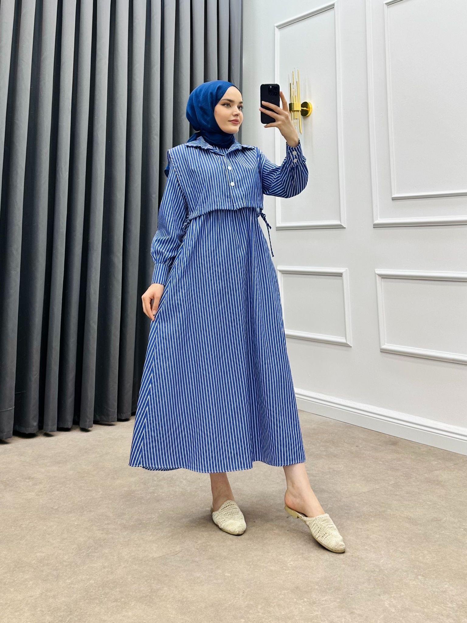 ÇİZGİLİ CROP ELBİSE LACİVERT