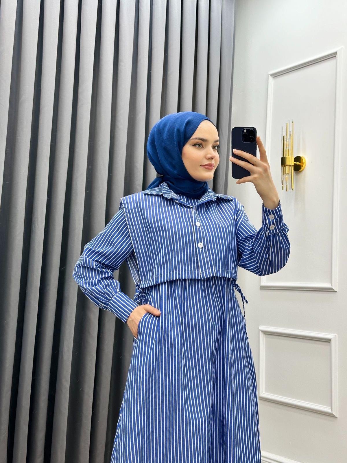 ÇİZGİLİ CROP ELBİSE LACİVERT