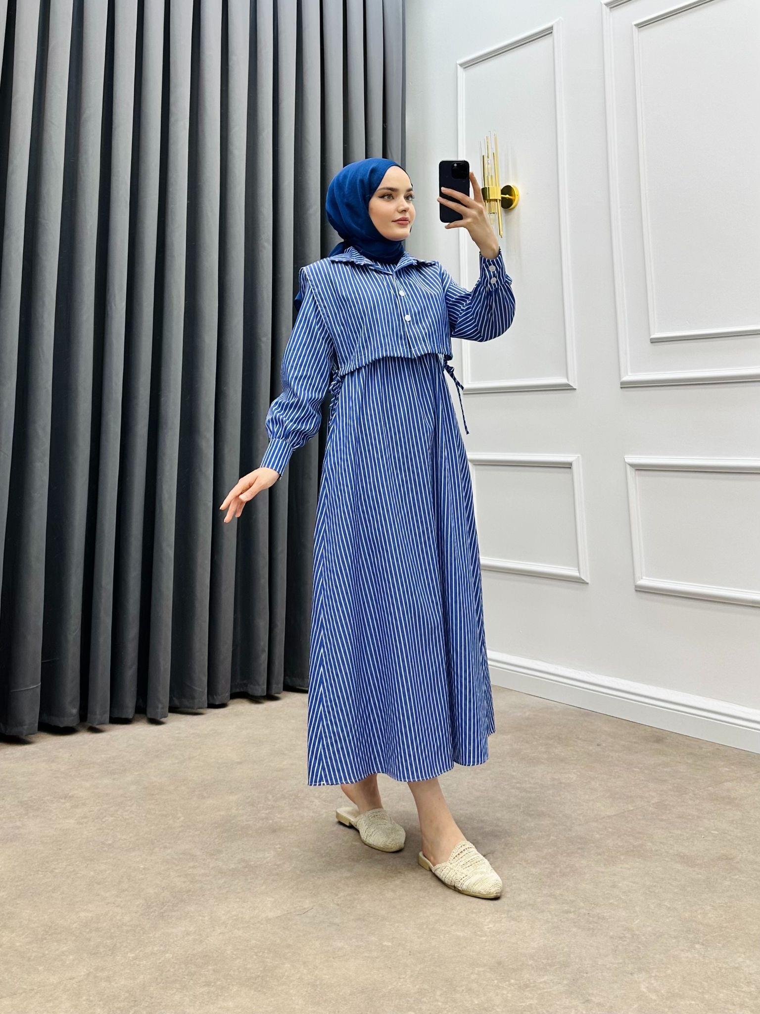 ÇİZGİLİ CROP ELBİSE LACİVERT