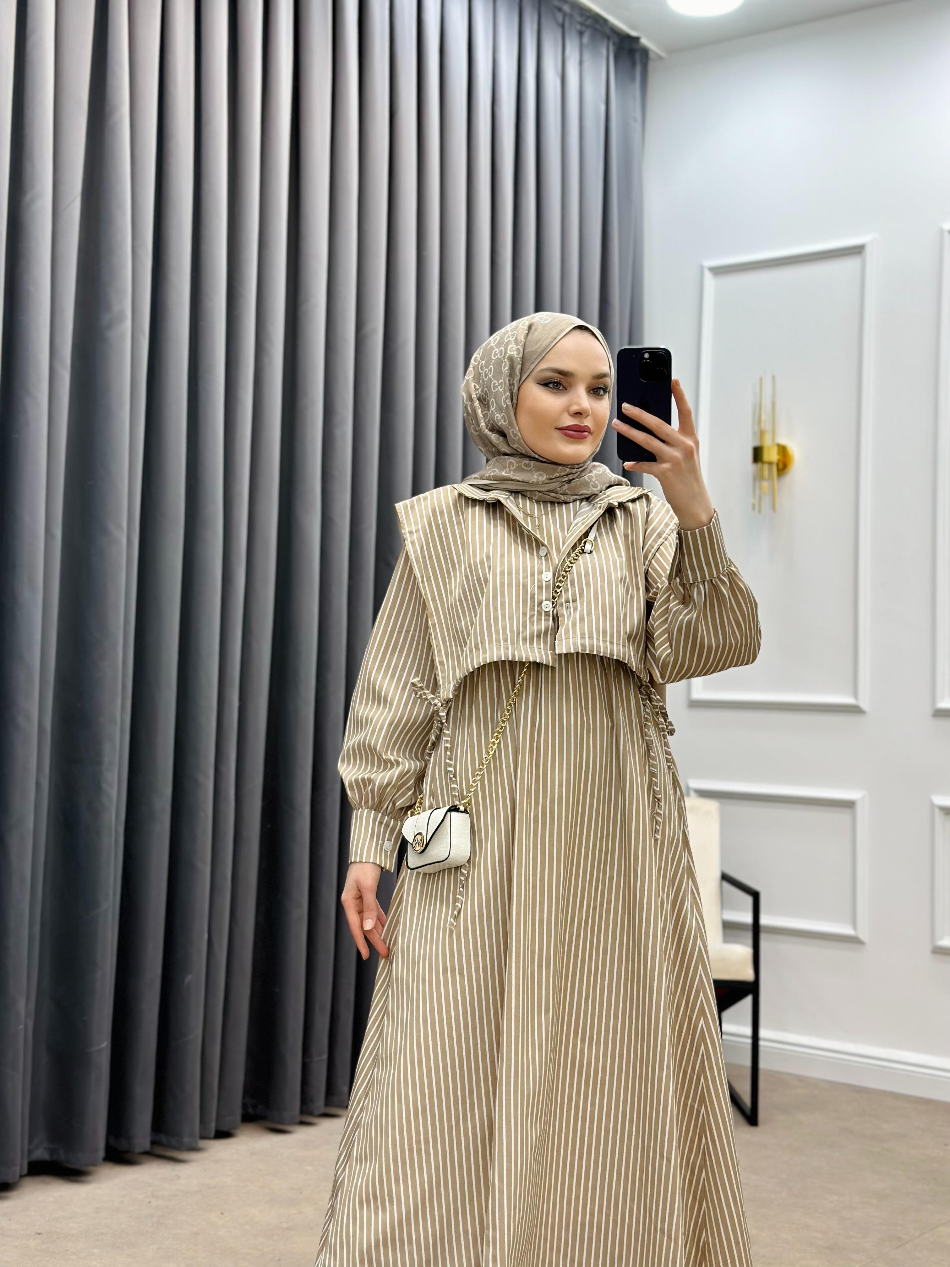 ÇİZGİLİ CROP ELBİSE VİZON