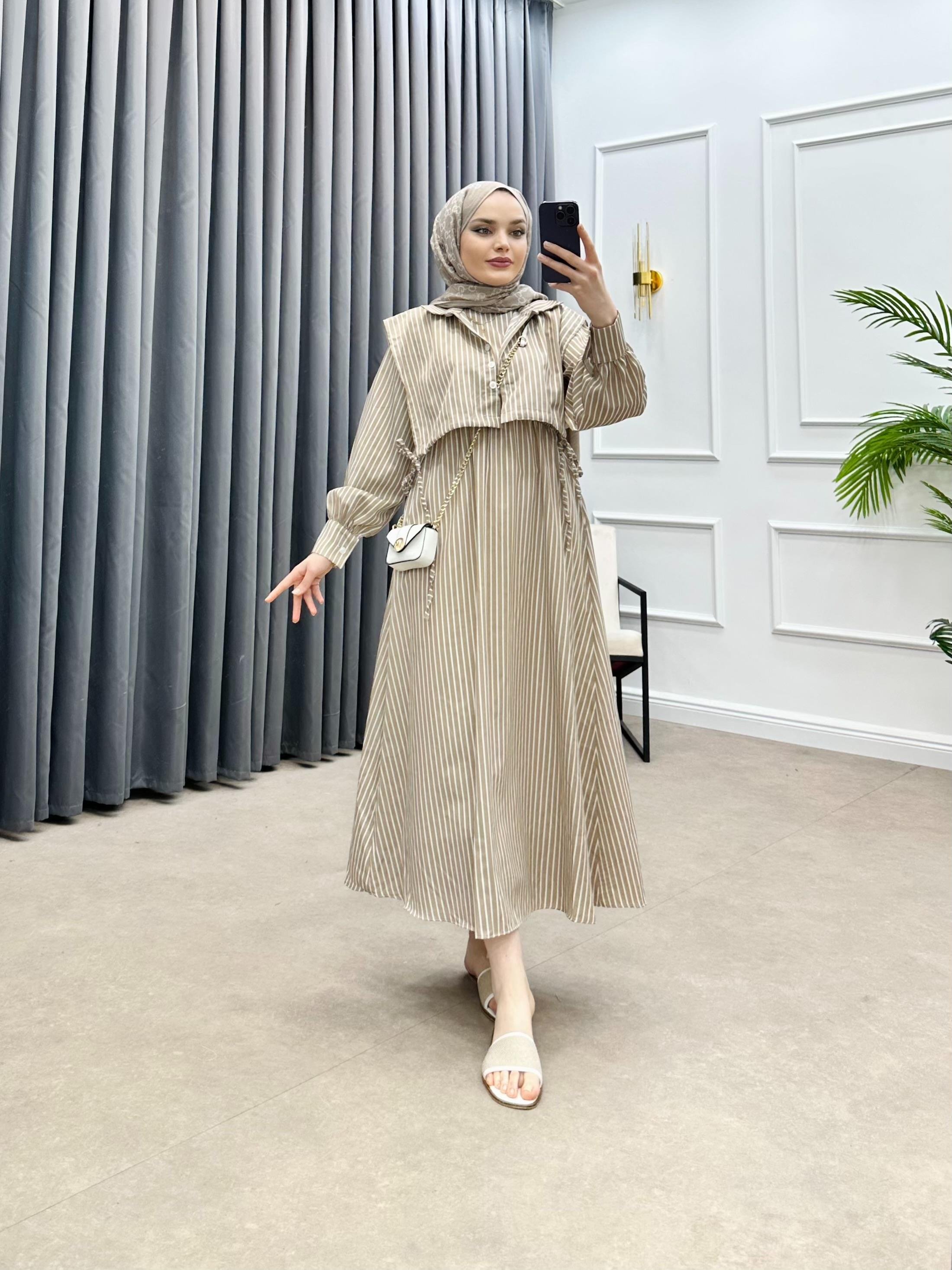 ÇİZGİLİ CROP ELBİSE VİZON