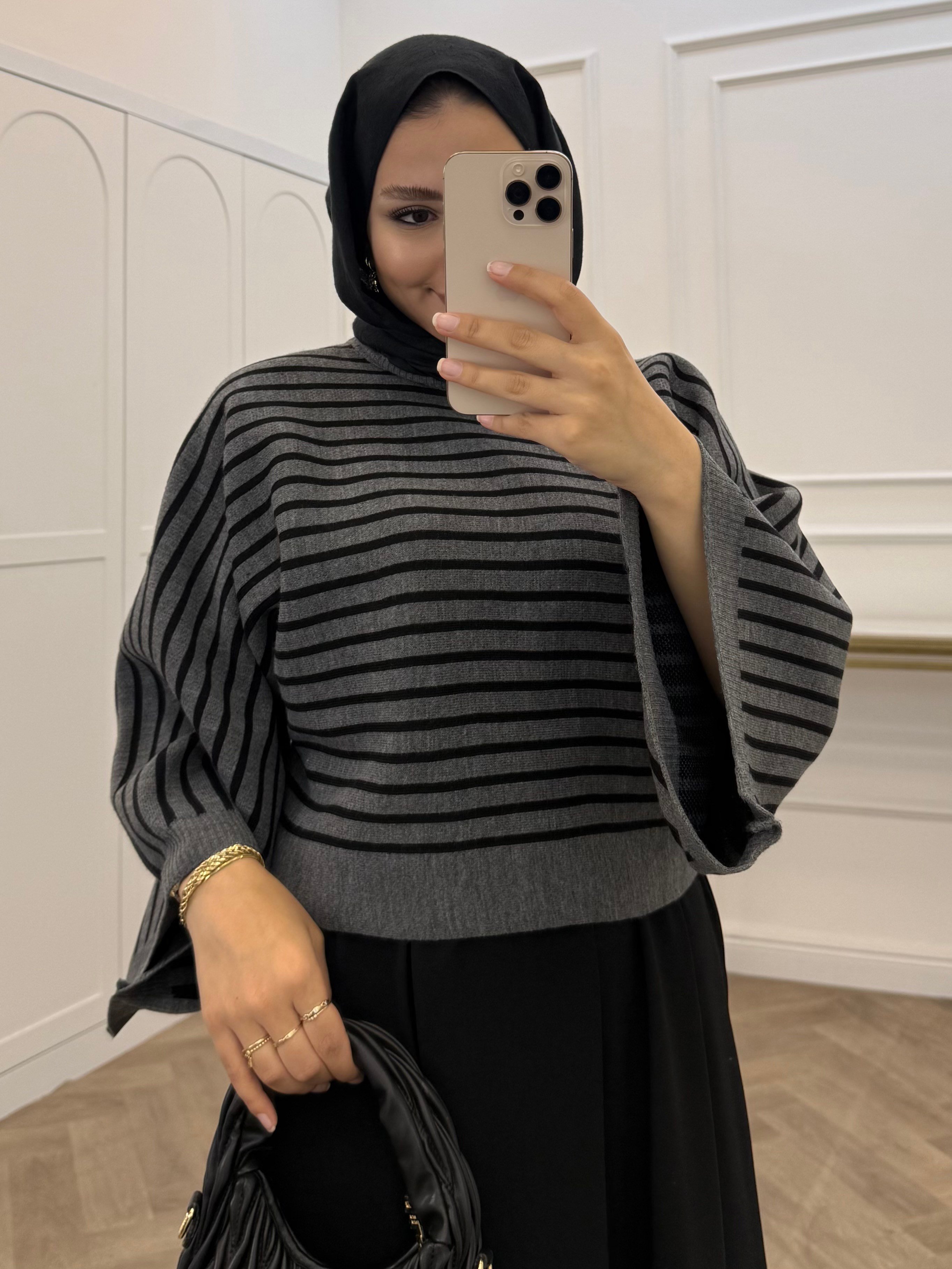 ÇİZGİLİ YARASA KOL TRİKO KAZAK FÜME