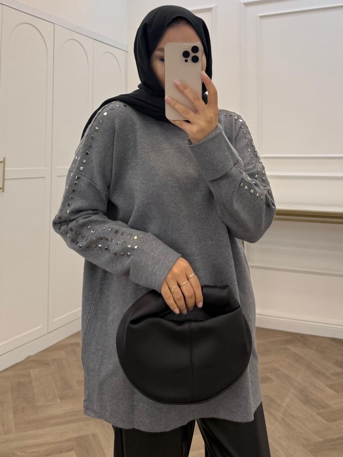 CORMAN KOL KATLAMALI OMUZ TAŞLI TUNİK GRİ