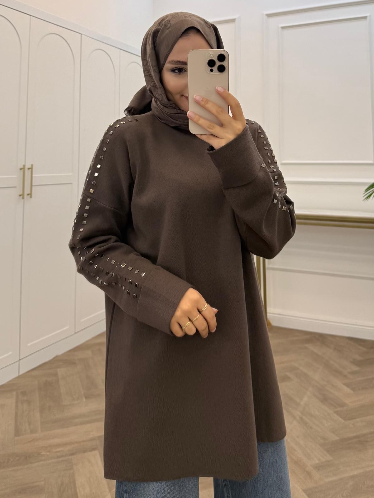CORMAN KOL KATLAMALI OMUZ TAŞLI TUNİK KAHVE