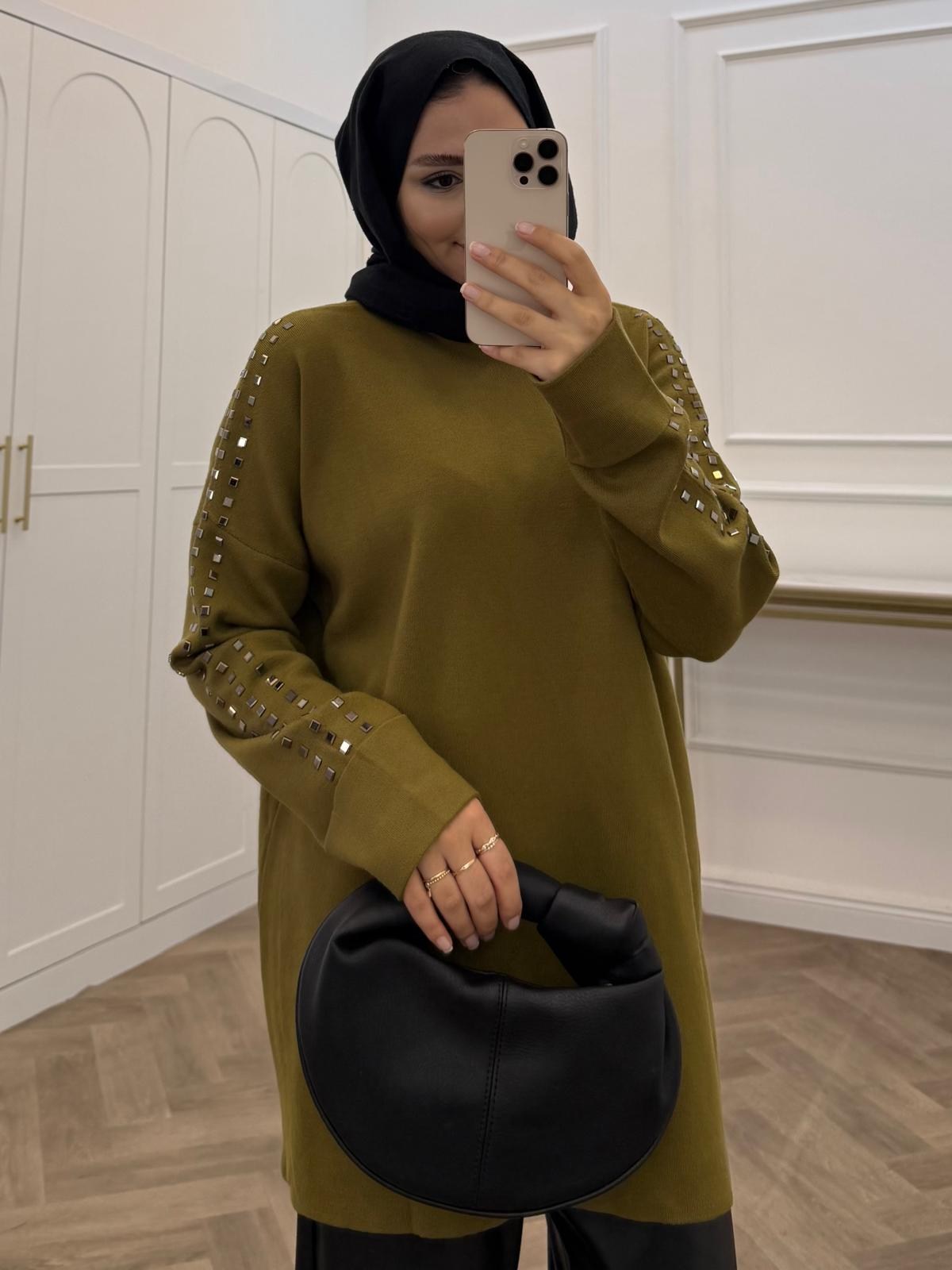 CORMAN KOL KATLAMALI OMUZ TAŞLI TUNİK YAĞ YEŞİLİ