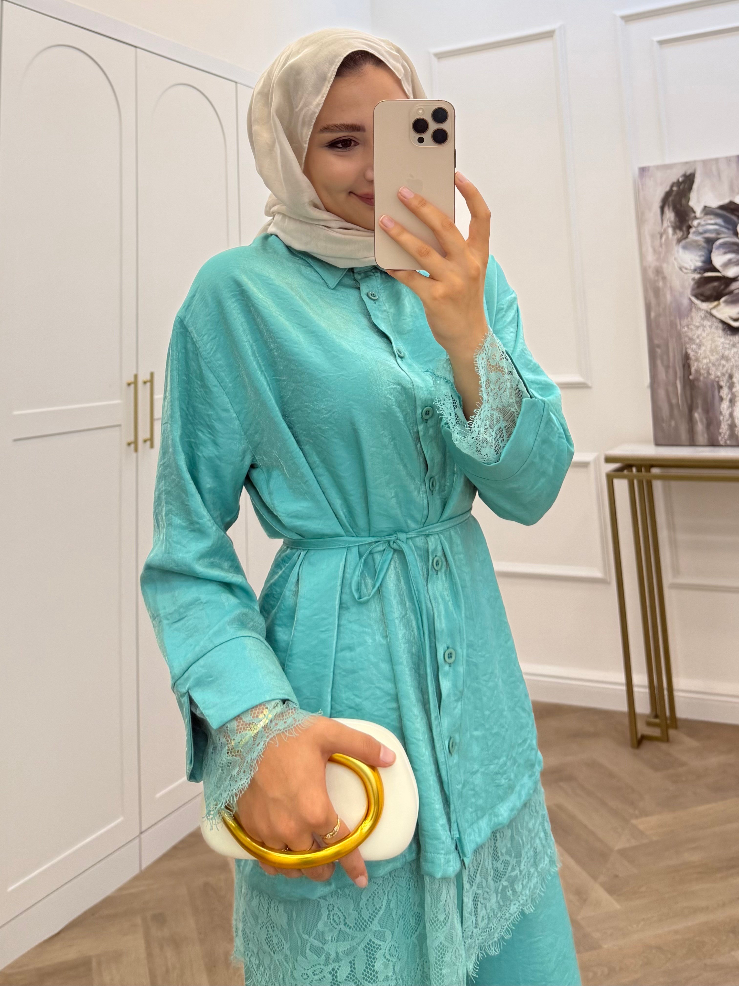 DANTELLİ PARLAK PANTOLONLU TAKIM TURKUAZ 