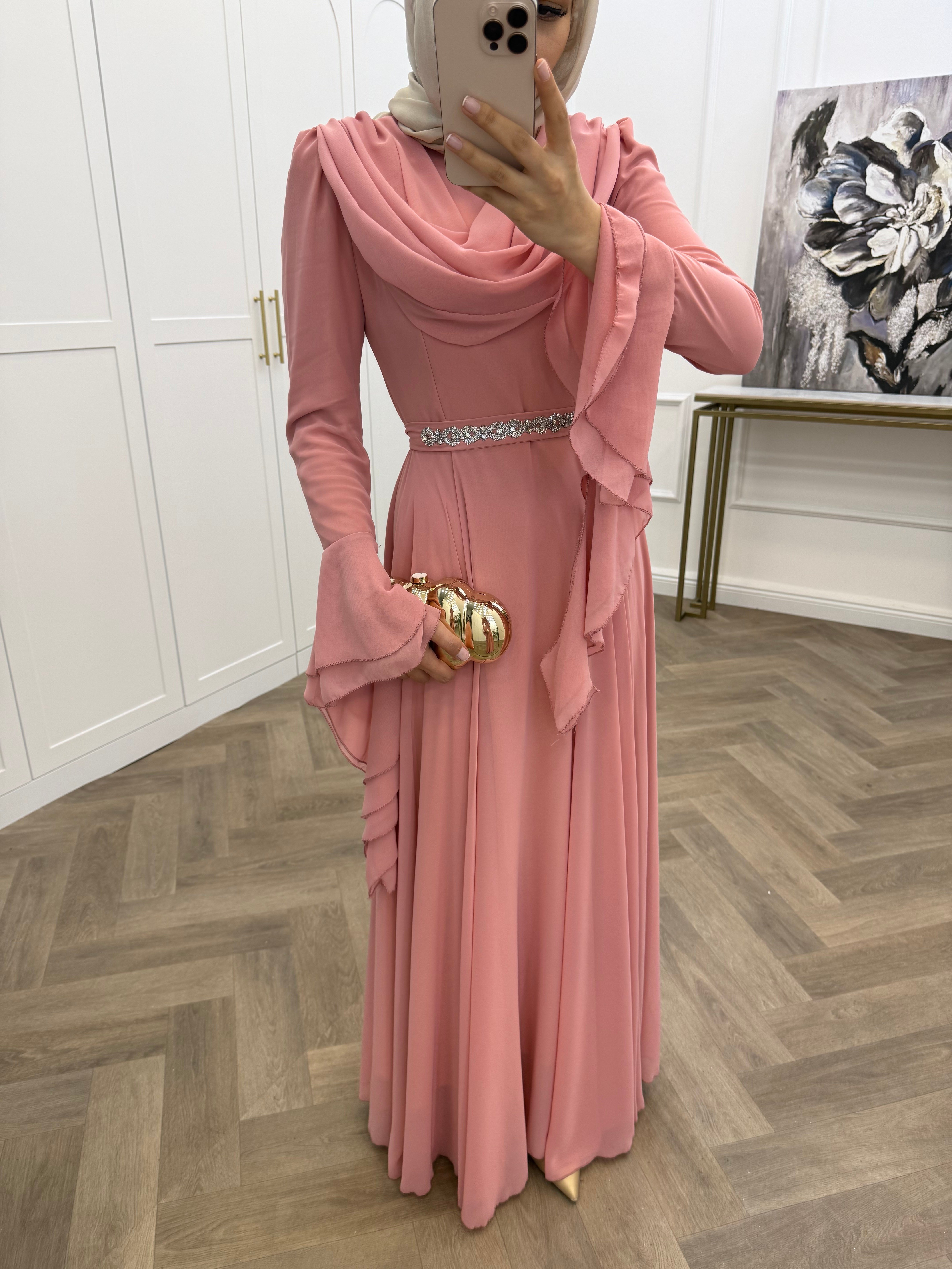 DEGAJE YAKA SARAY ABİYE PEMBE