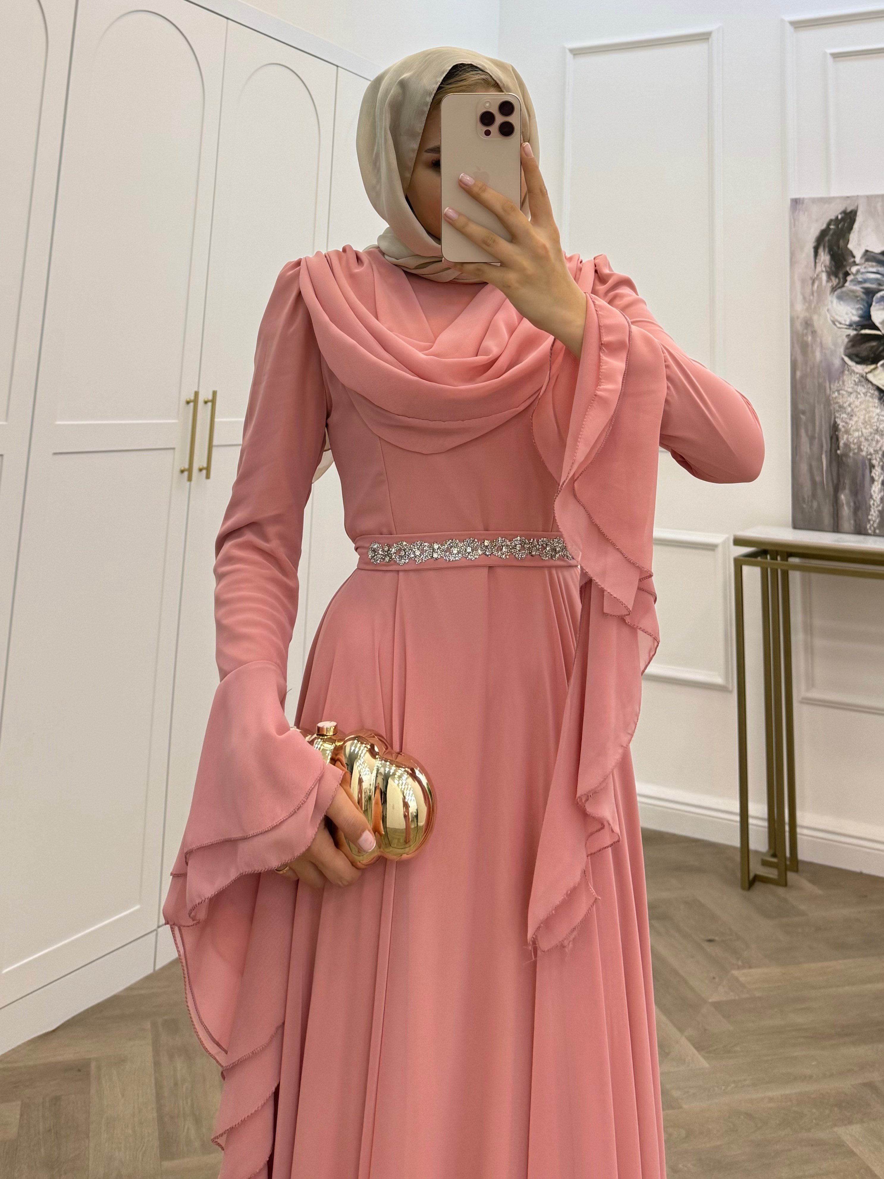 DEGAJE YAKA SARAY ABİYE PEMBE