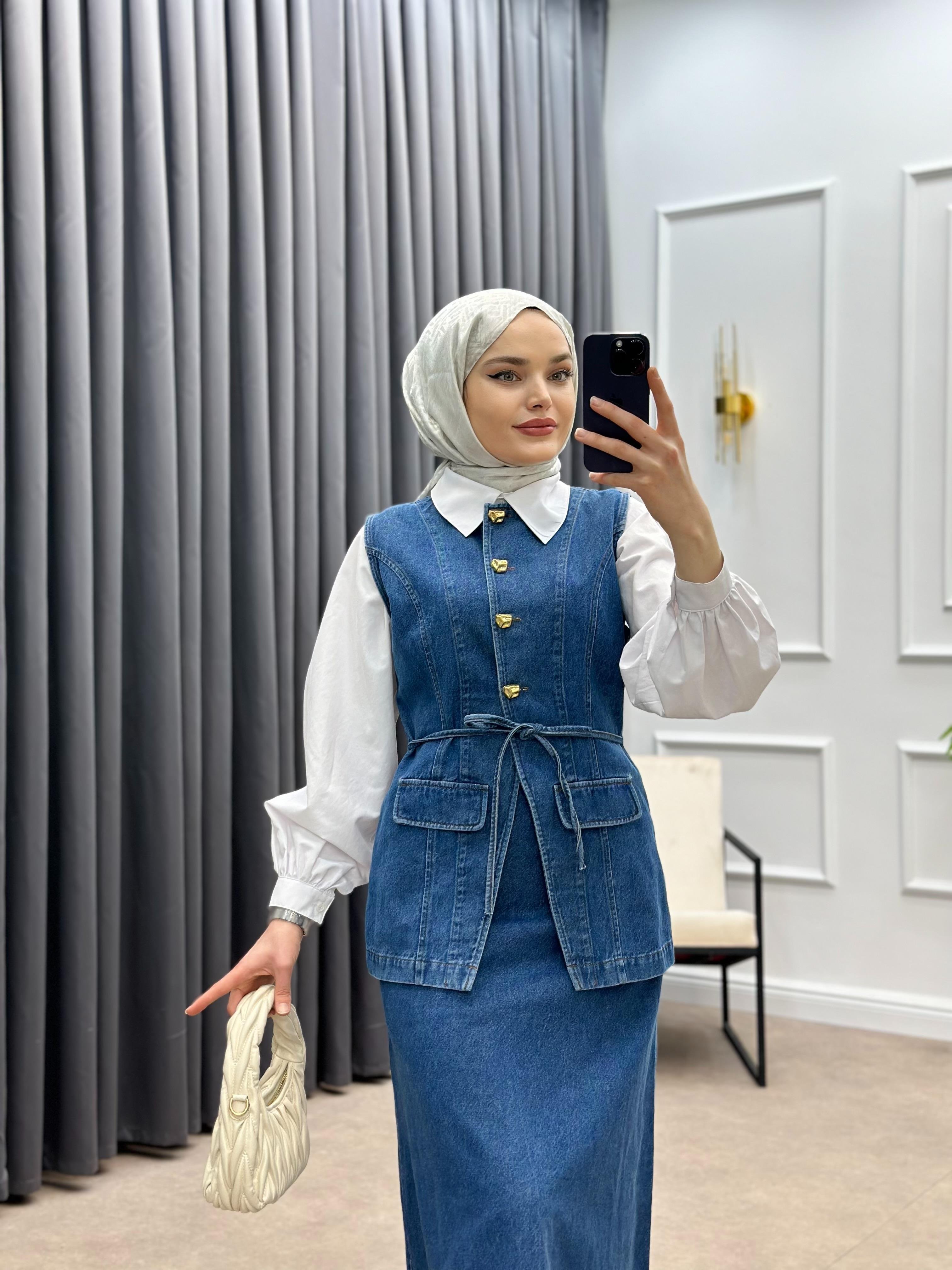 DENİM ETEKLİ İKİLİ TAKIM MAVİ