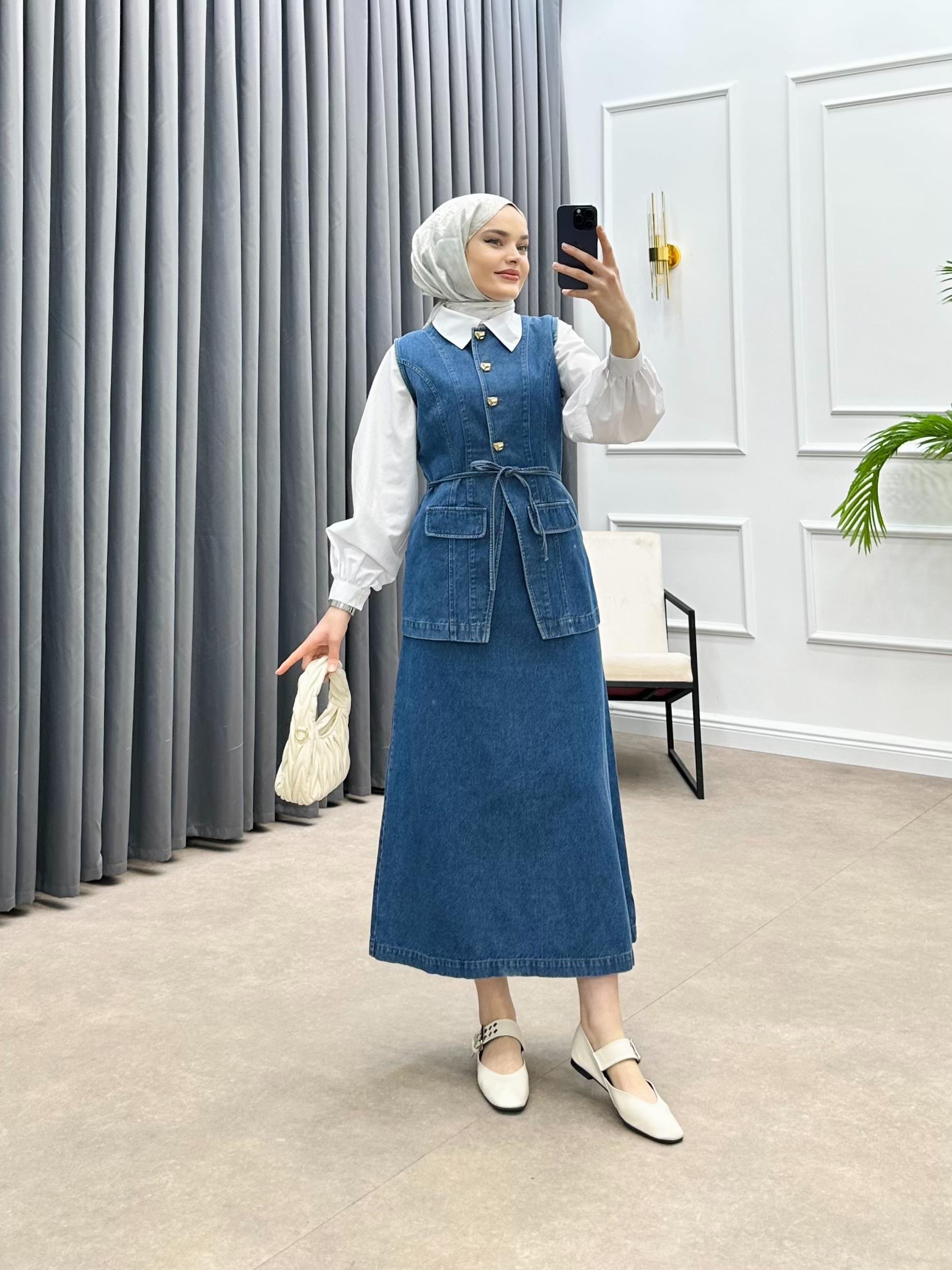 DENİM ETEKLİ İKİLİ TAKIM MAVİ