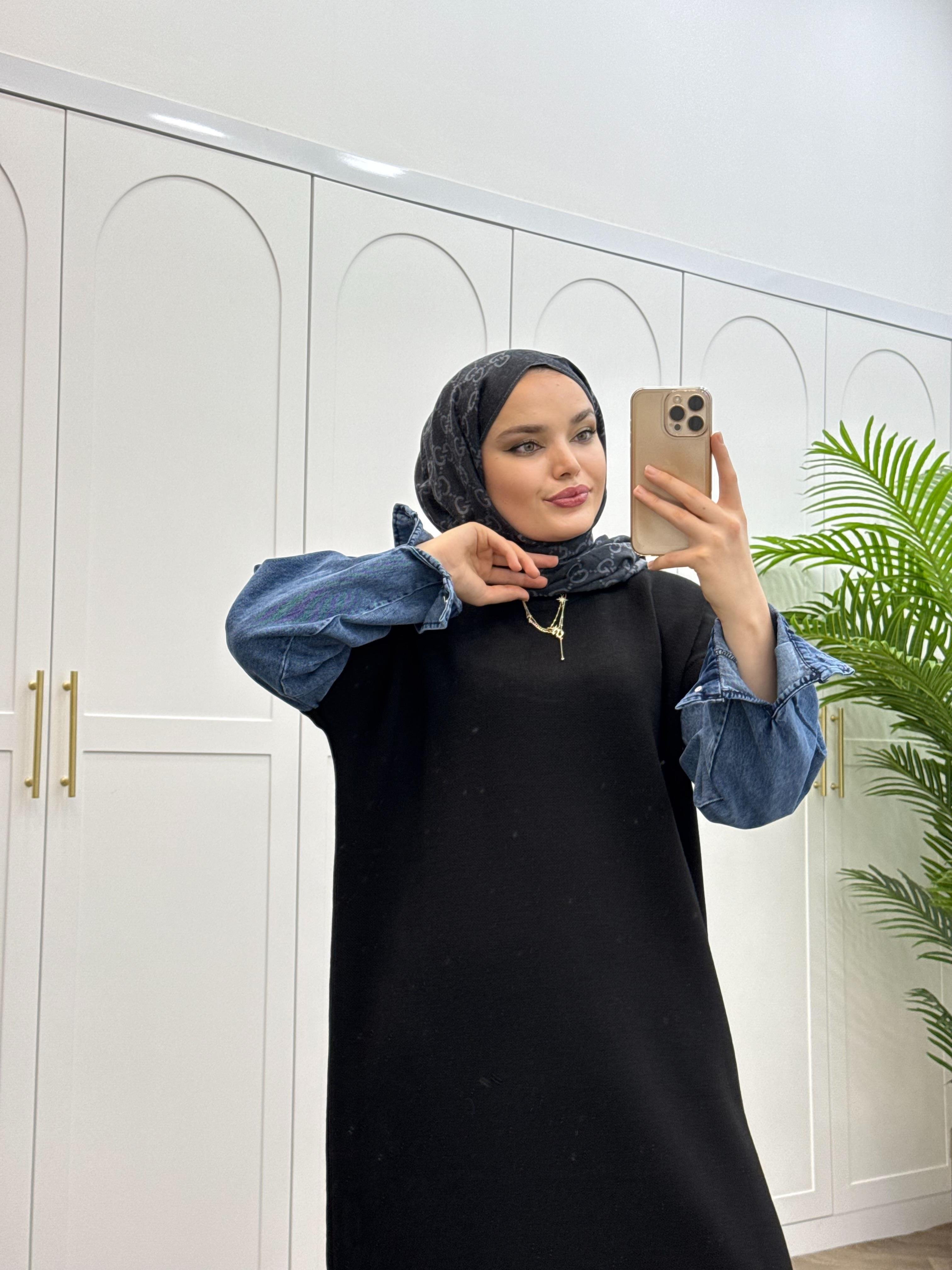 DENİM KOL TRİKO ELBİSE SİYAH