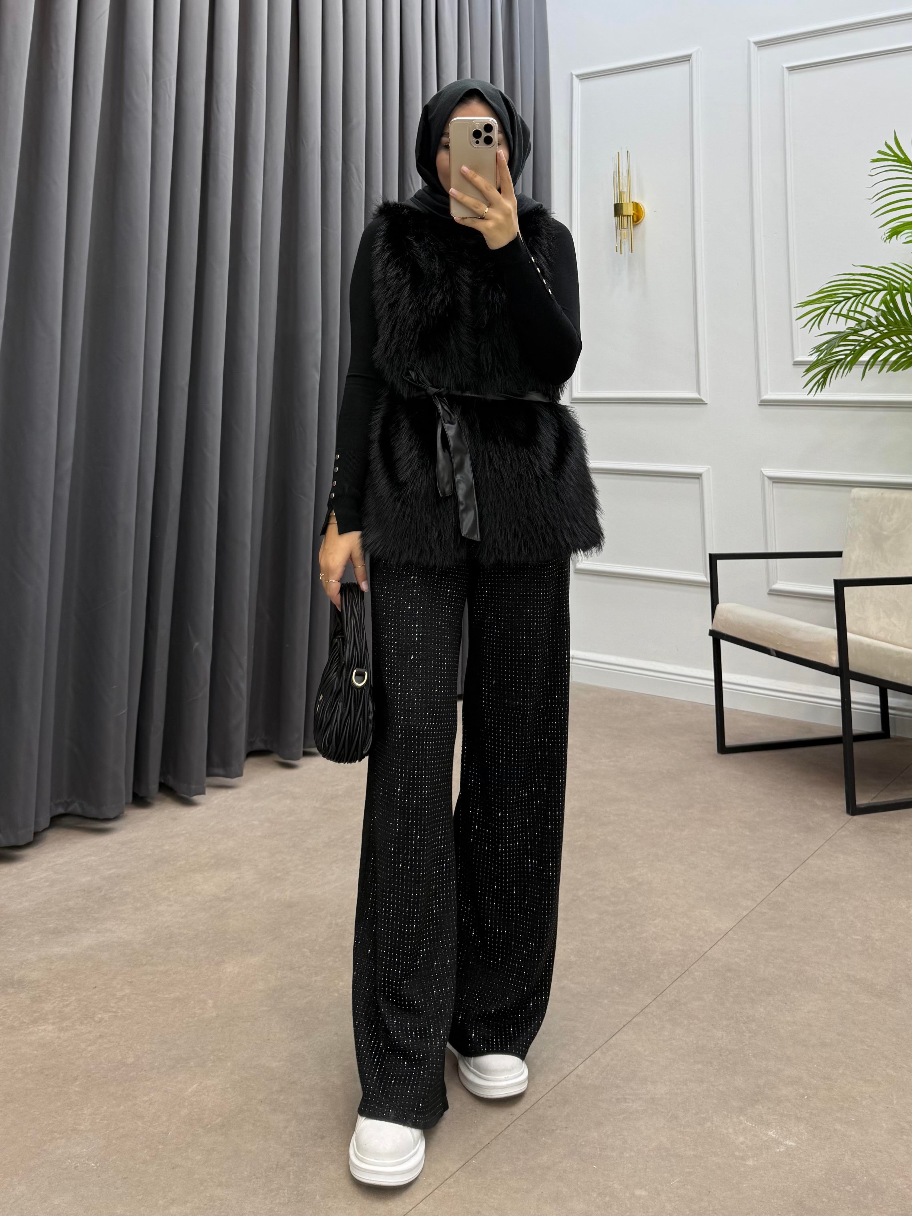 DERİ KEMERLİ KÜRK YELEK SİYAH