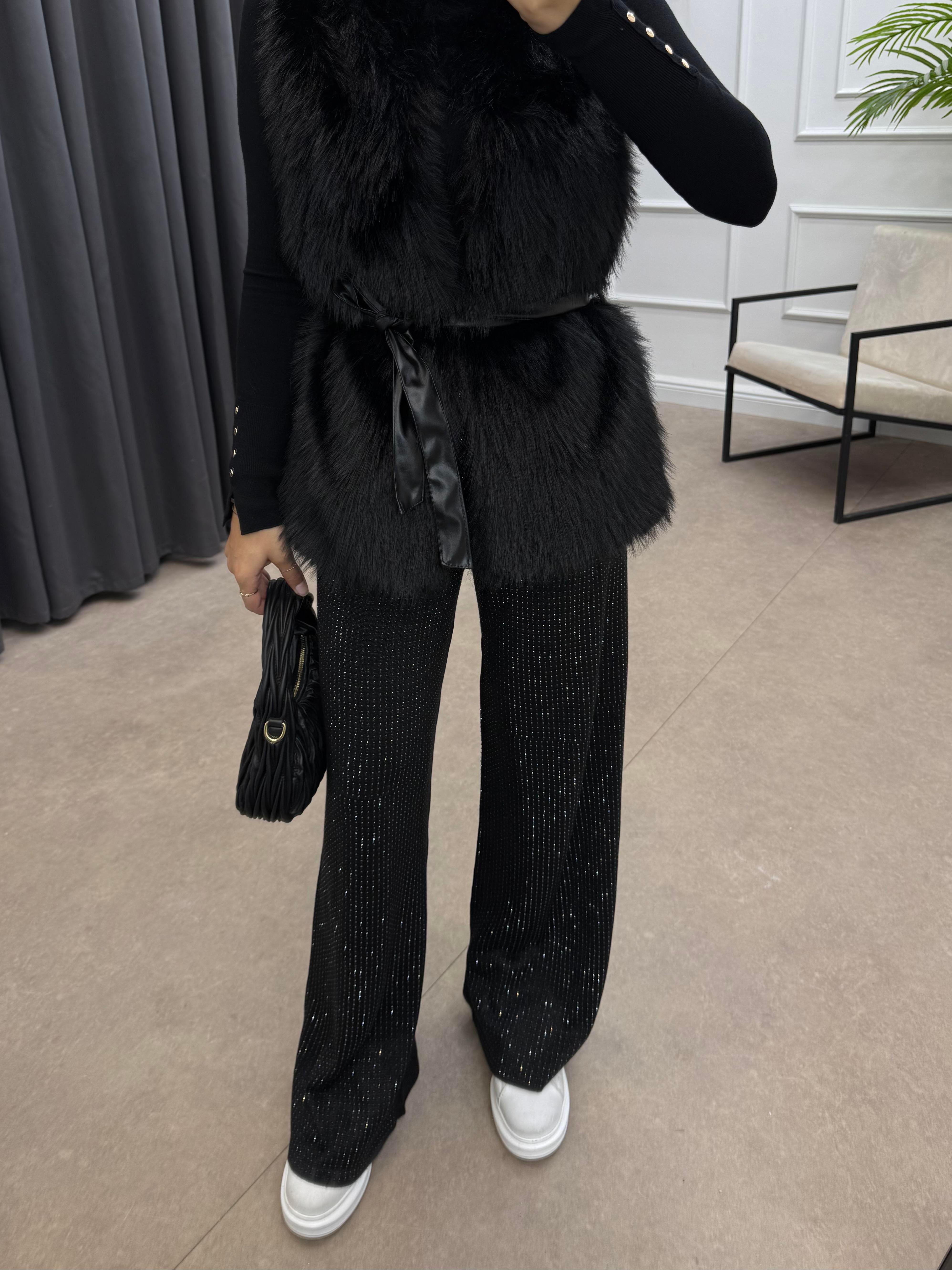 DERİ KEMERLİ KÜRK YELEK SİYAH