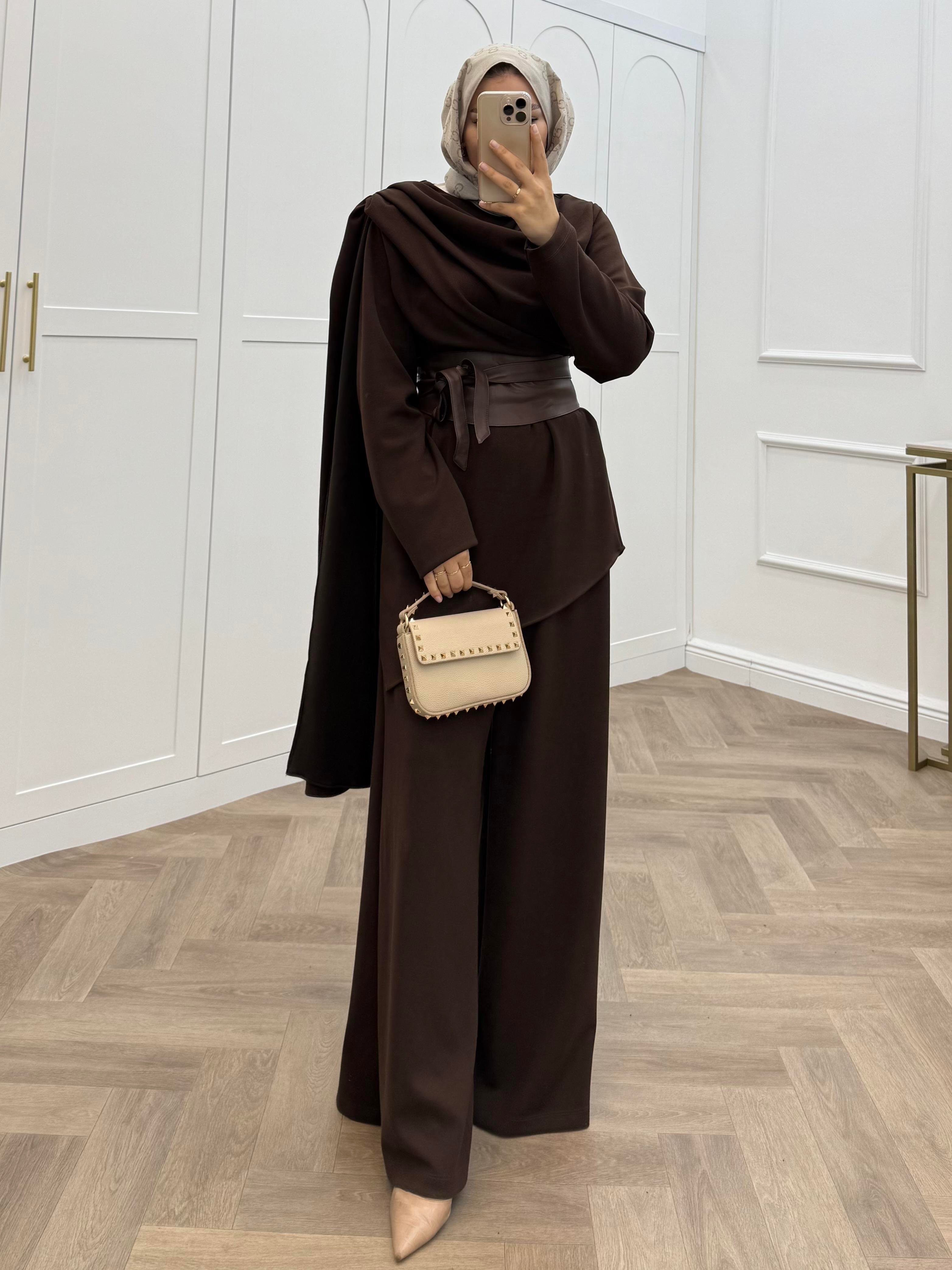 DERİ KEMERLİ PANTOLONLU TAKIM KAHVE