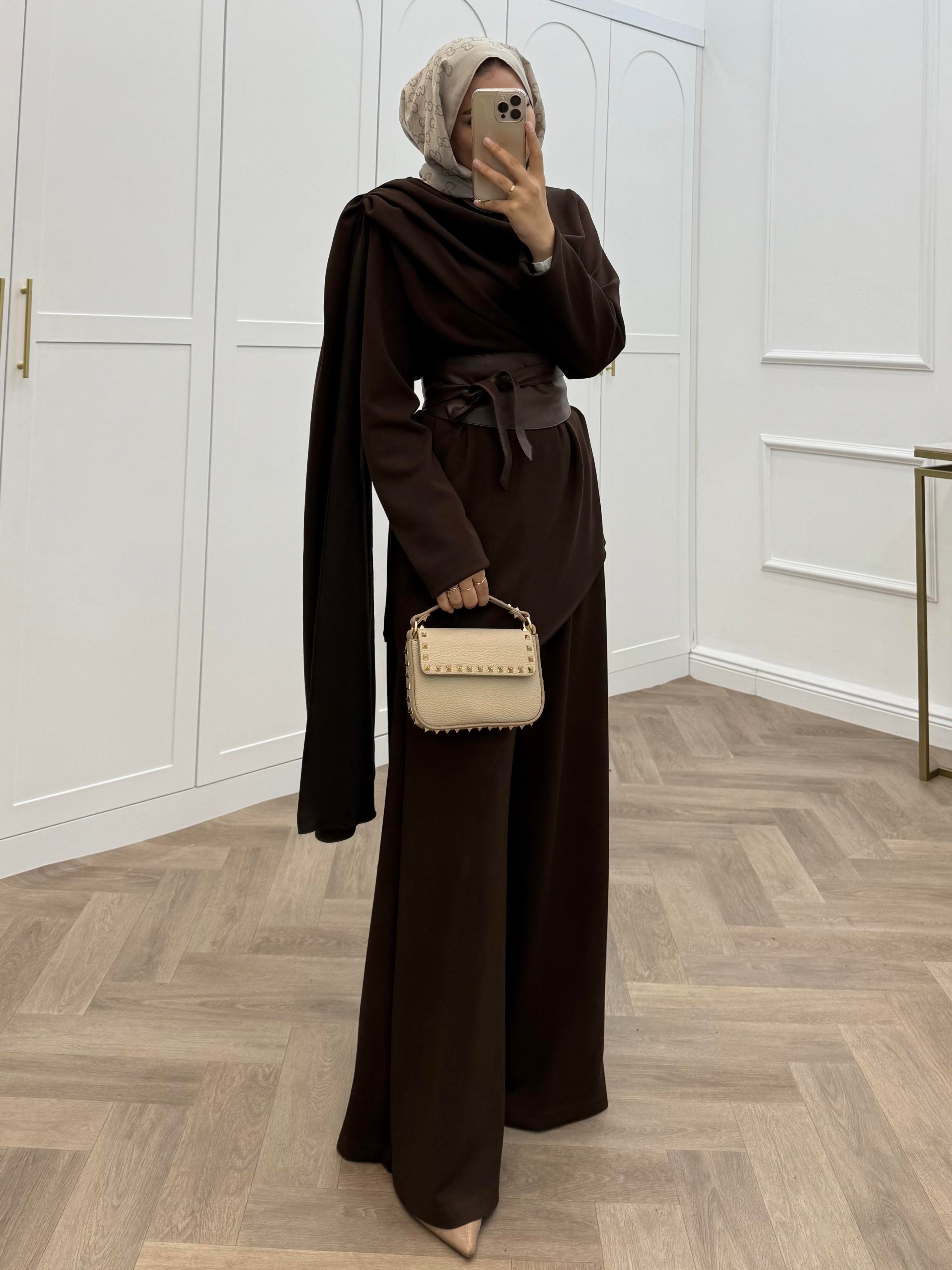 DERİ KEMERLİ PANTOLONLU TAKIM KAHVE