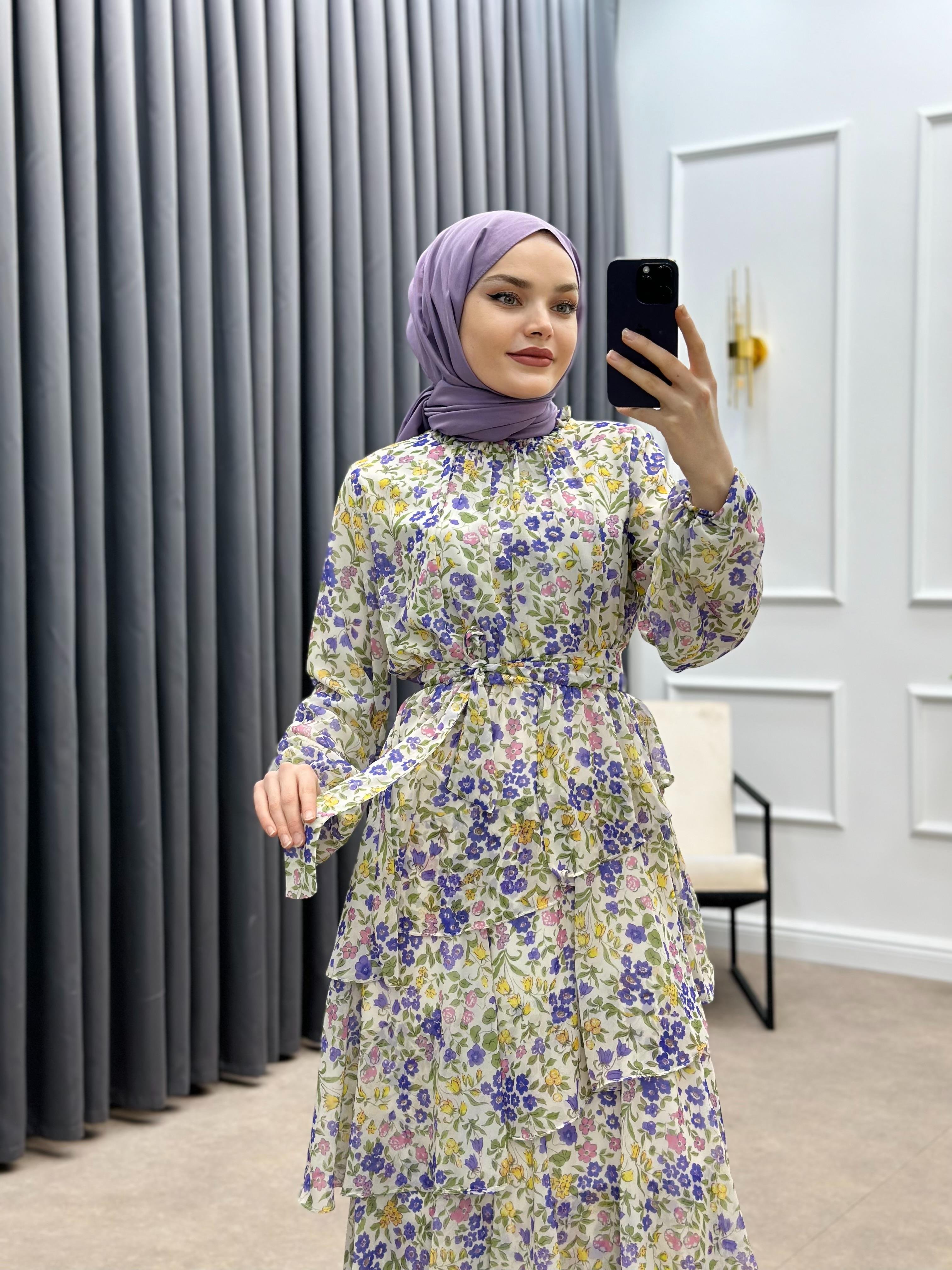 DESENLİ KATLI ŞİFON MOR