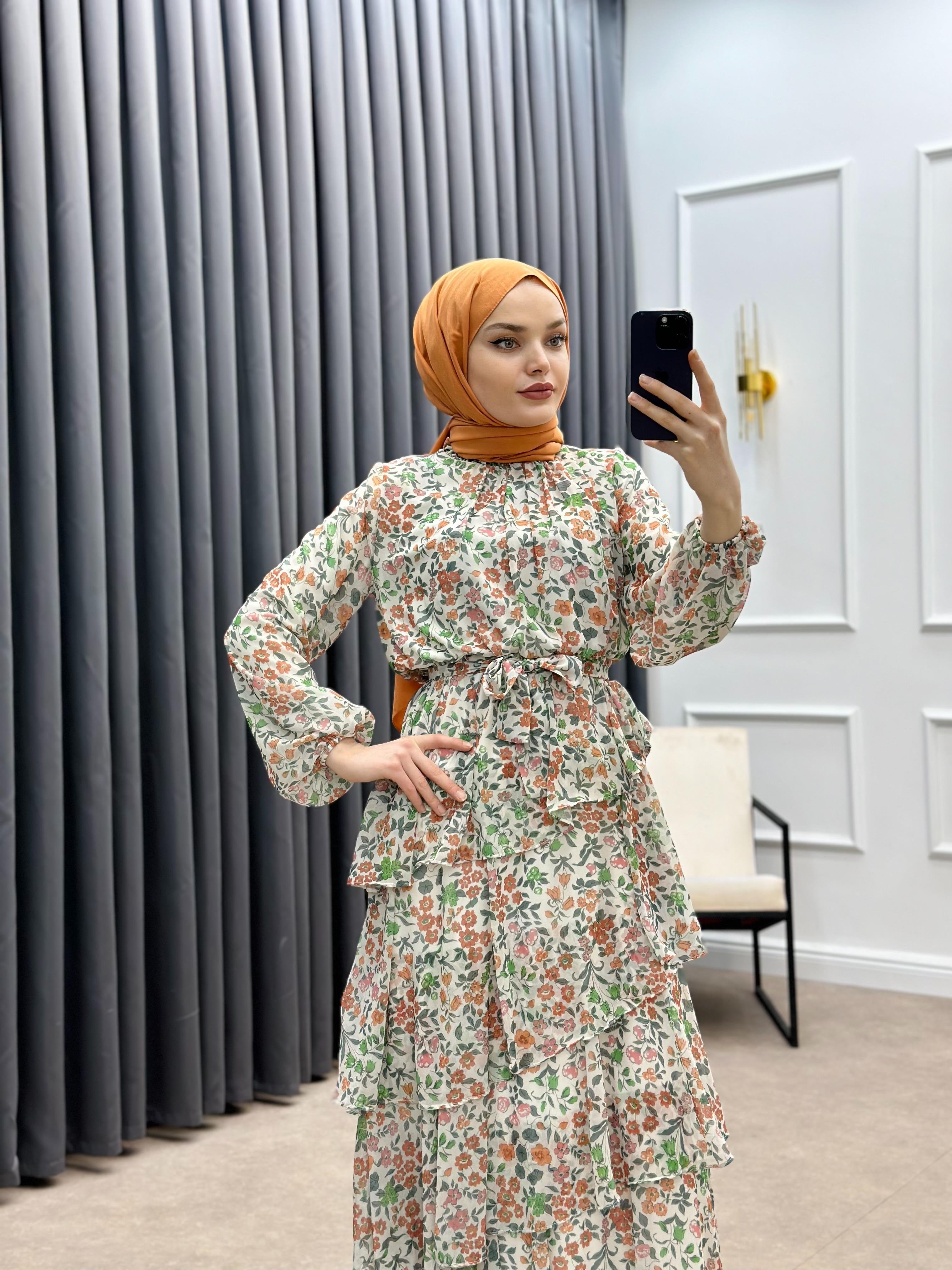 DESENLİ KATLI ŞİFON ORANJ