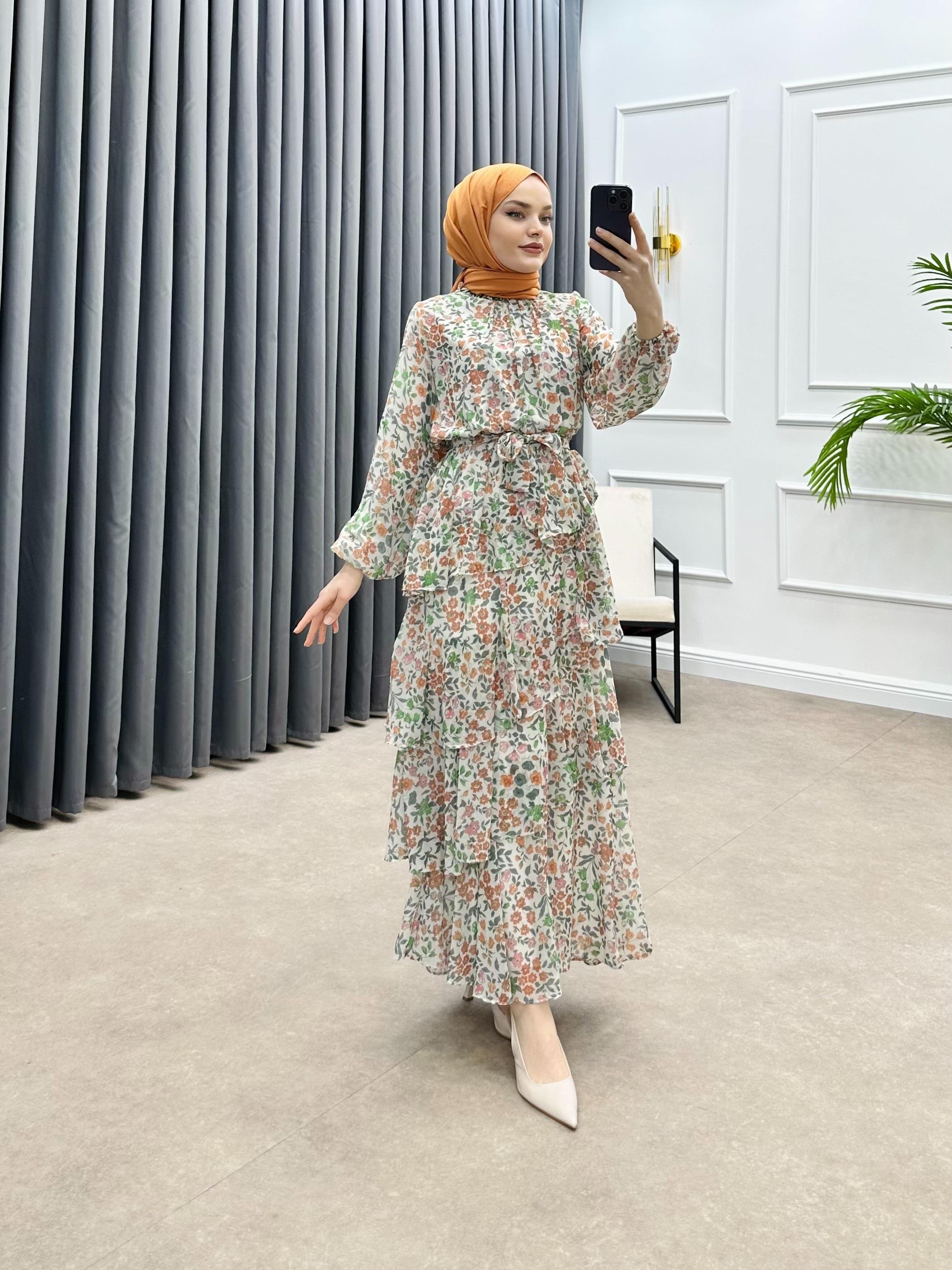 DESENLİ KATLI ŞİFON ORANJ