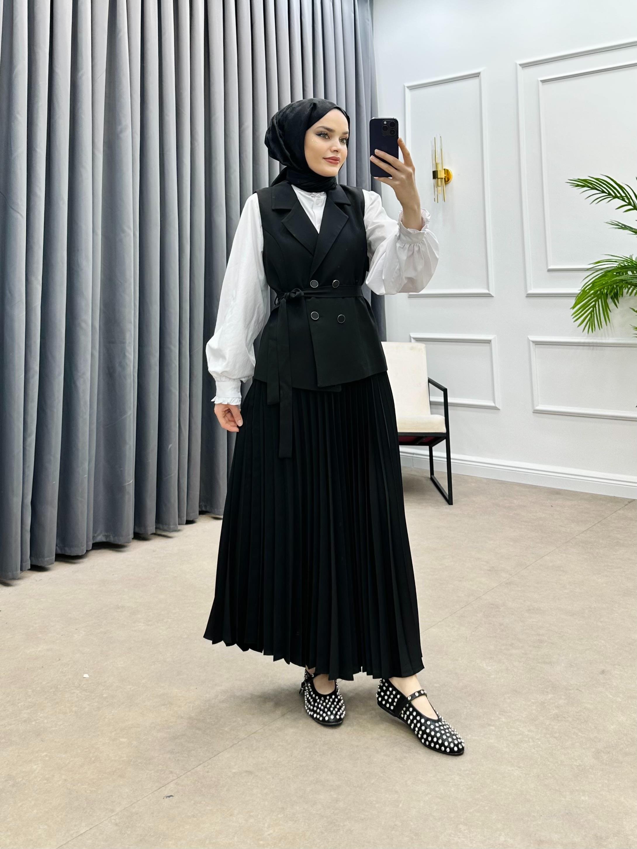 DÖRT DÜĞMELİ YELEKLİ ETEKLİ TAKIM SİYAH