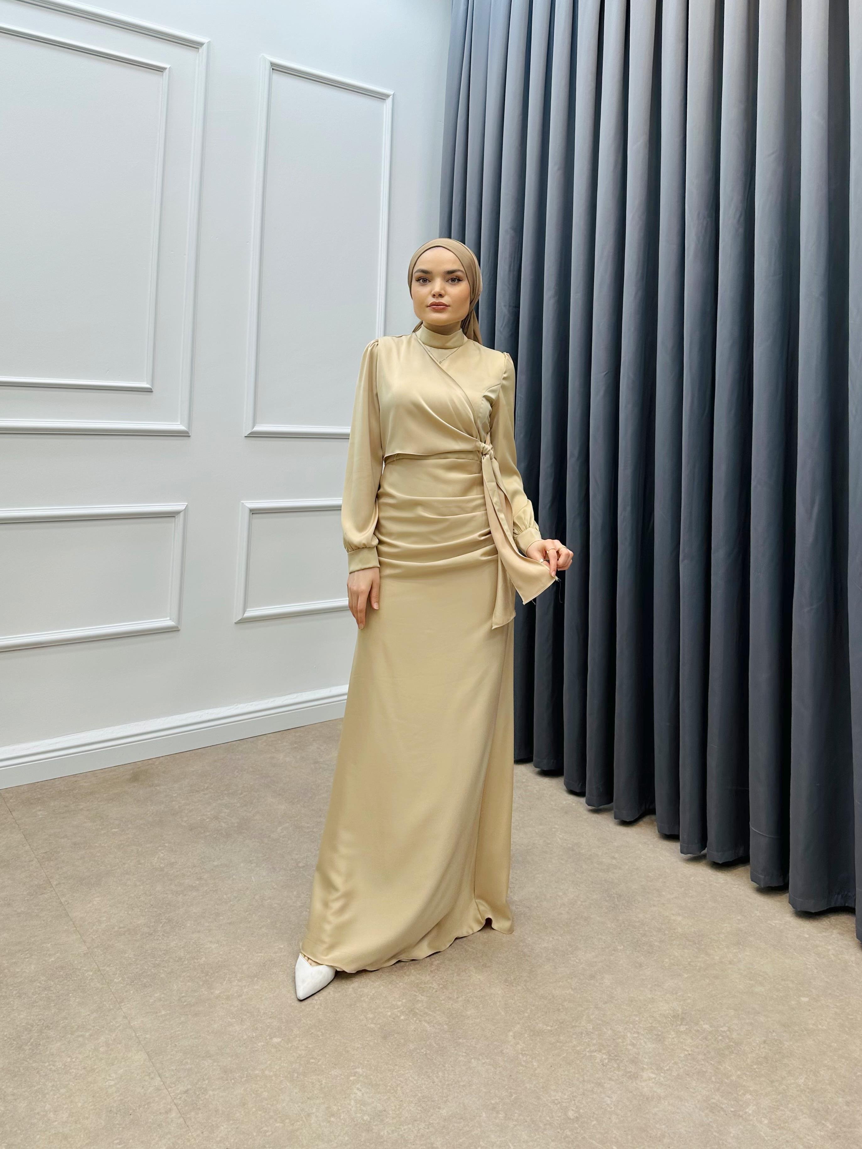 DRAPE SATEN ELBİSE BEJ