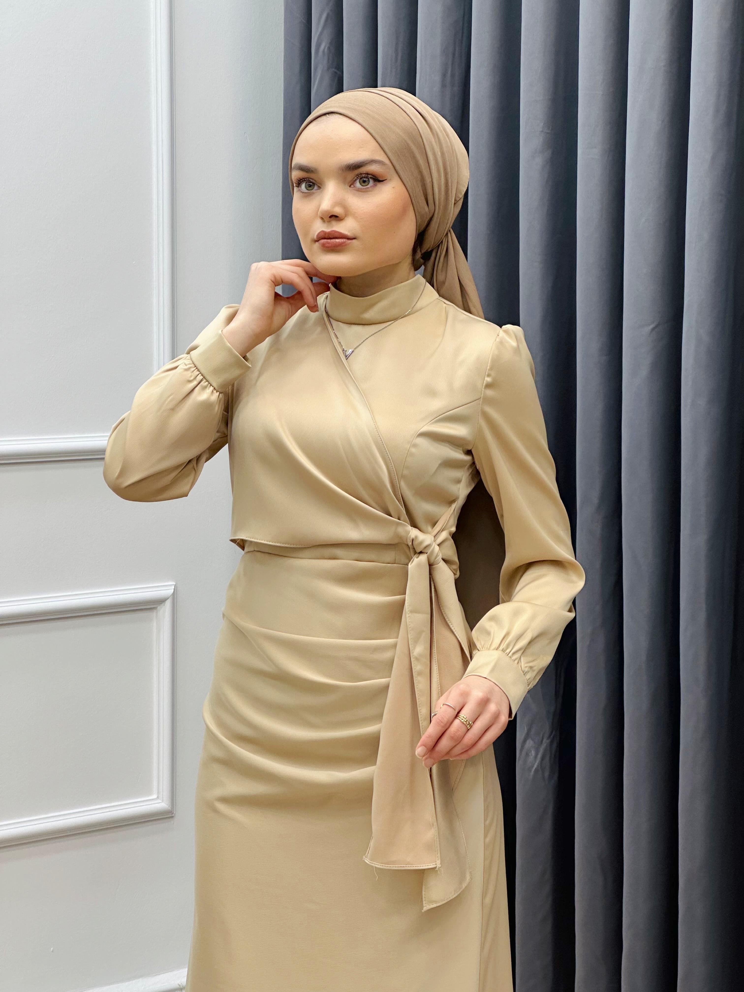 DRAPE SATEN ELBİSE BEJ