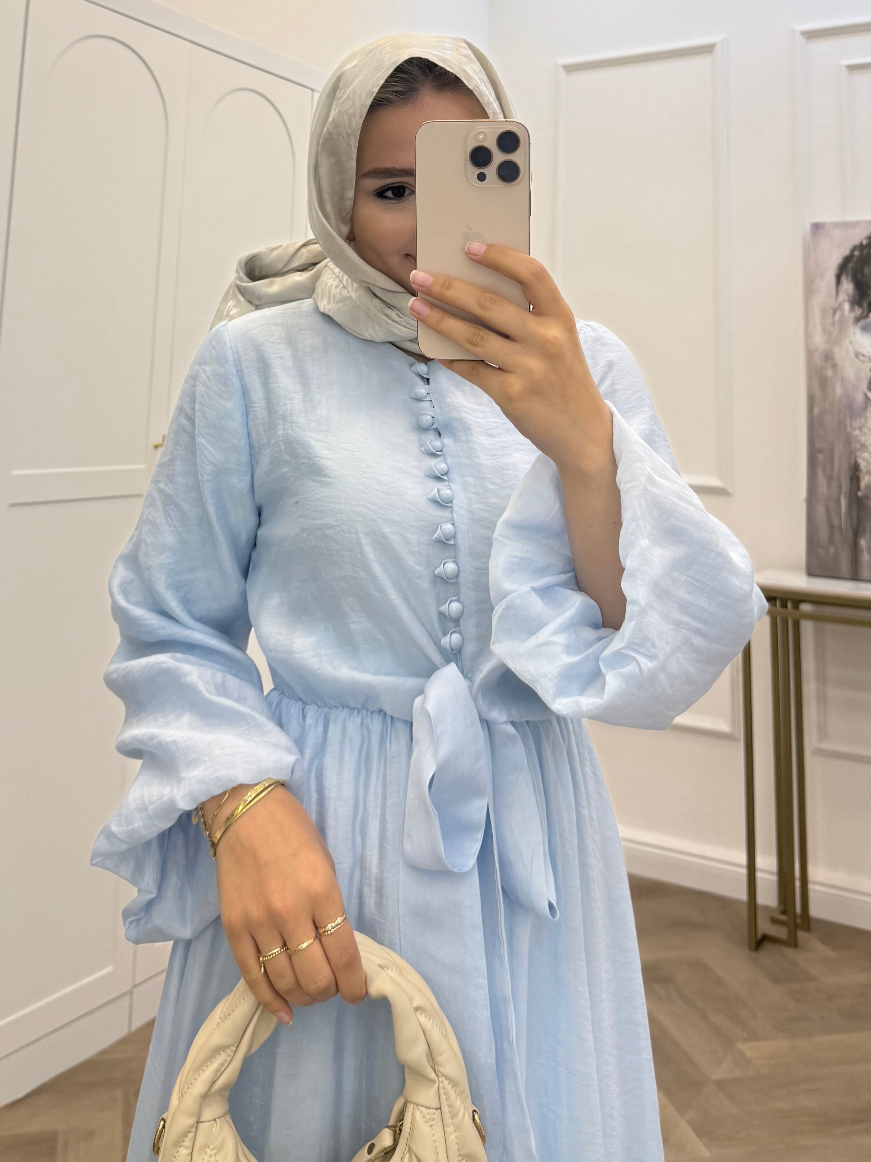DÜĞMELİ POPLİN ELBİSE MAVİ