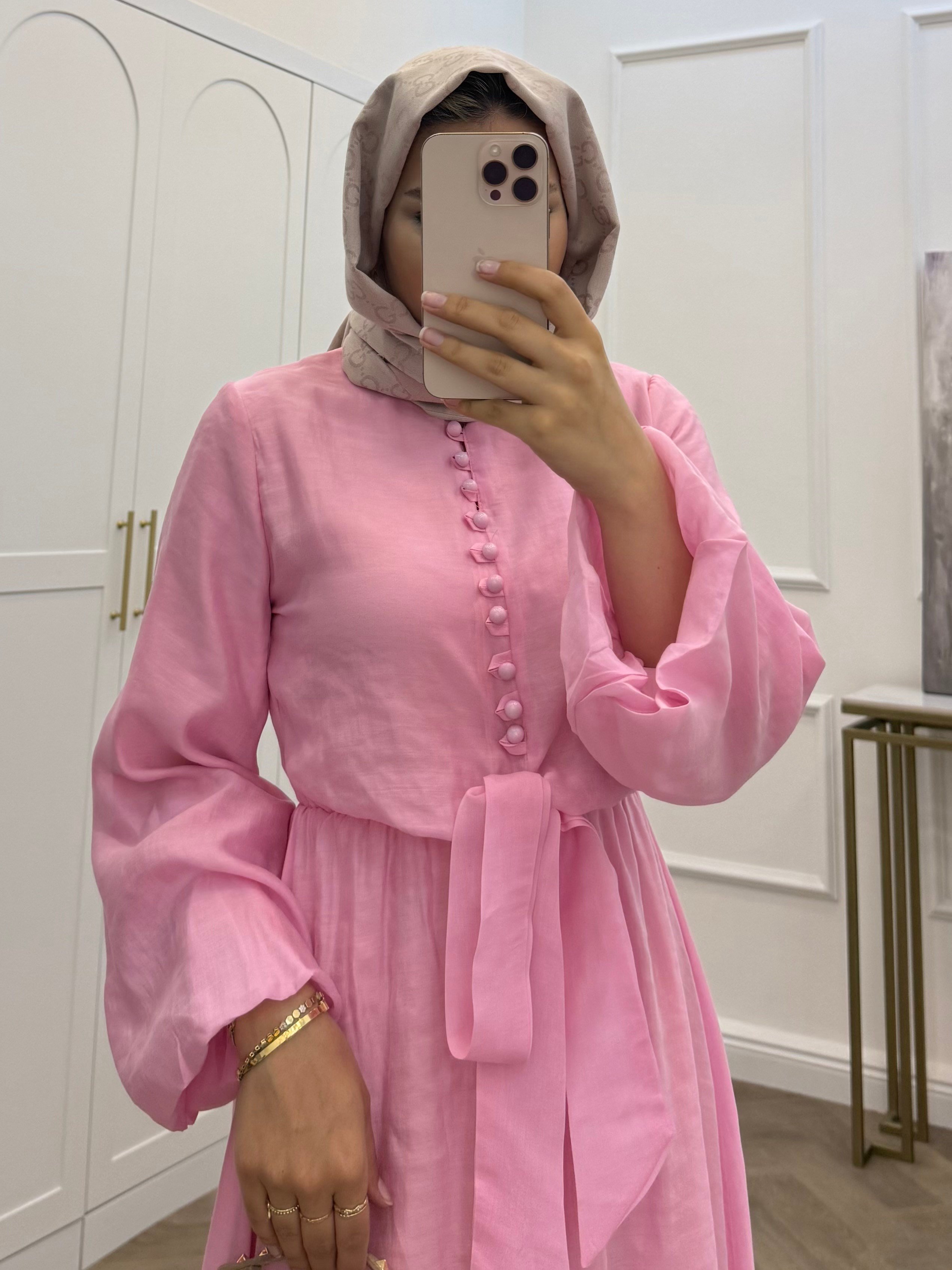 DÜĞMELİ POPLİN ELBİSE PEMBE