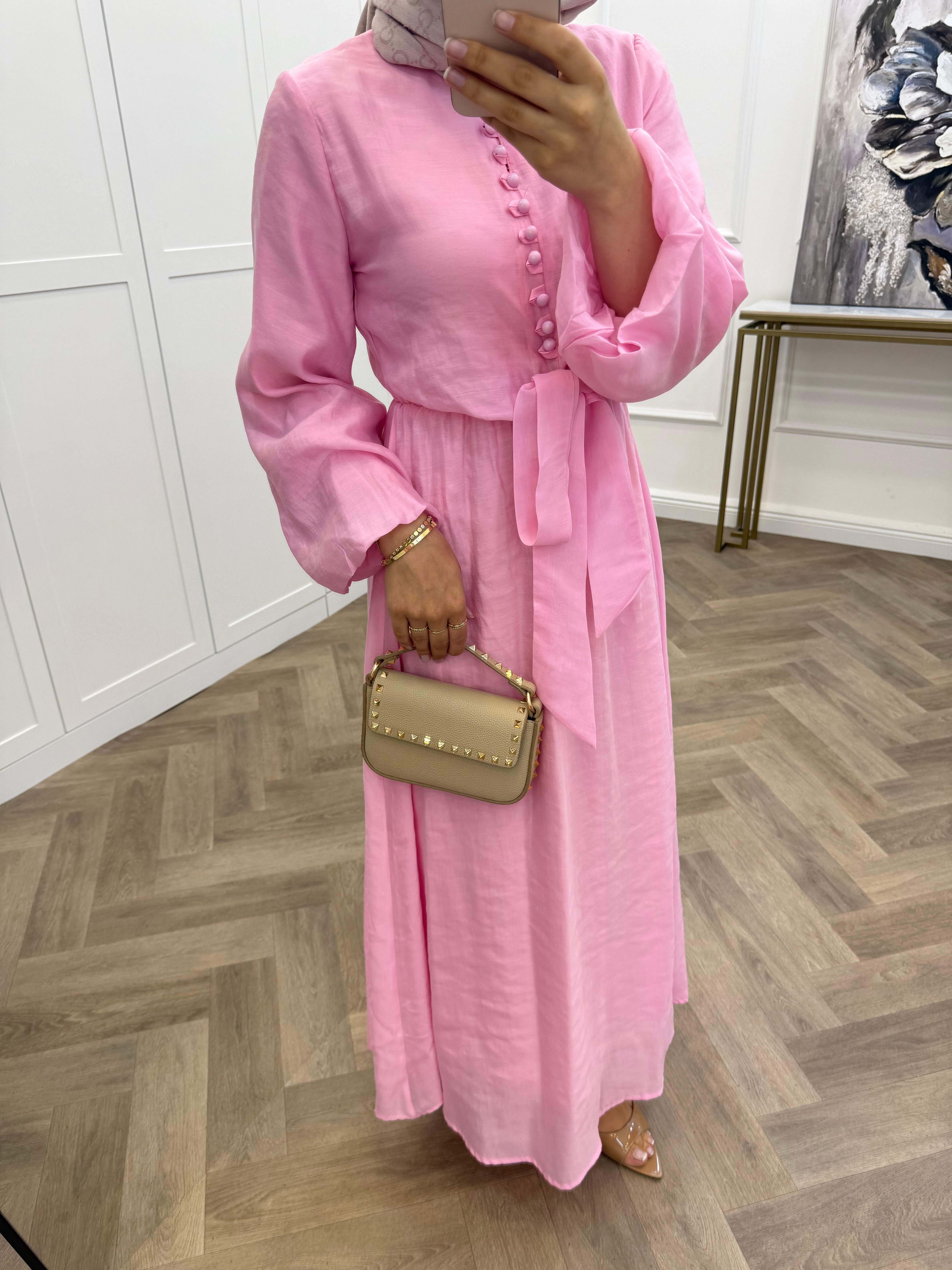 DÜĞMELİ POPLİN ELBİSE PEMBE