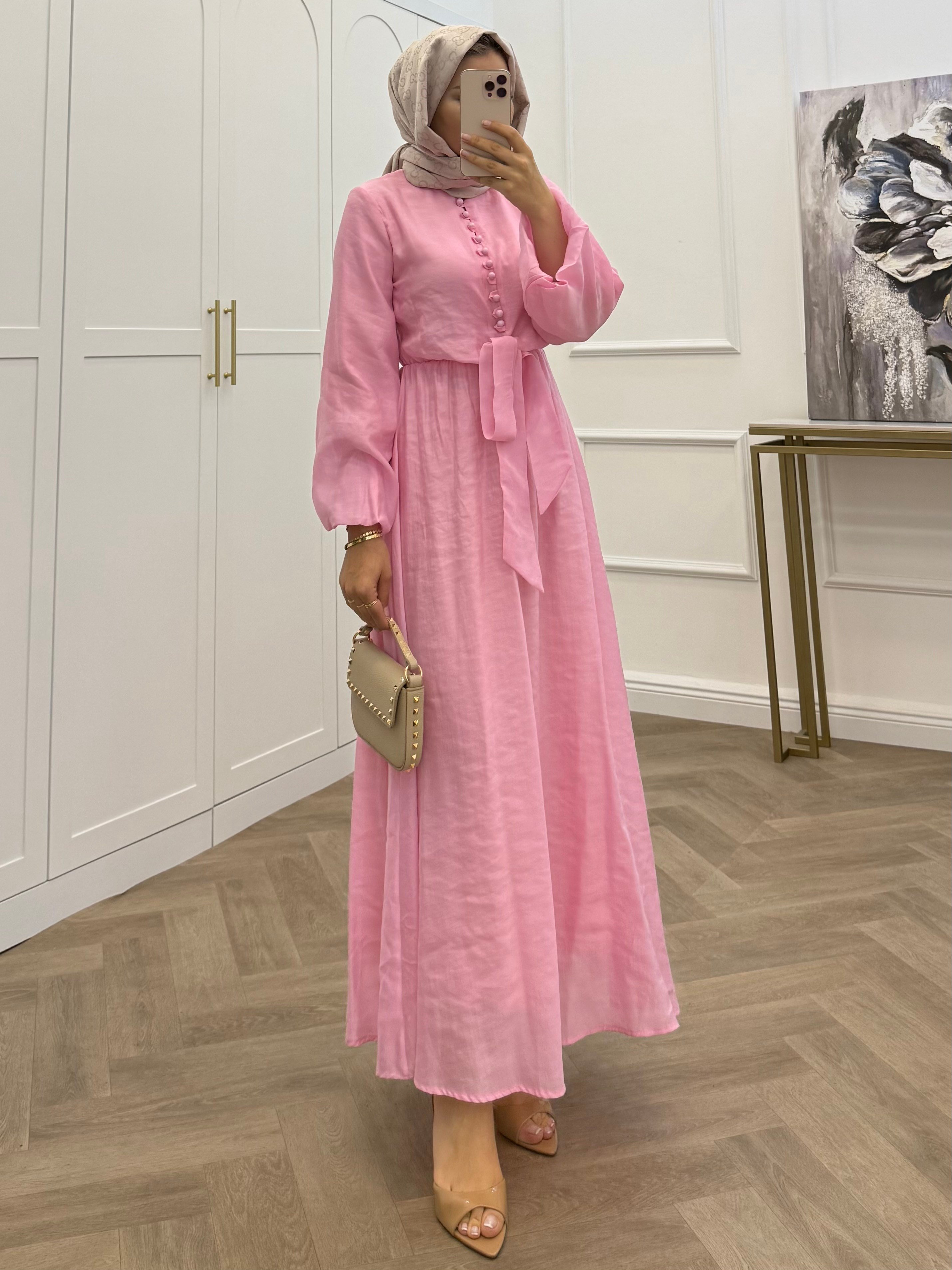 DÜĞMELİ POPLİN ELBİSE PEMBE