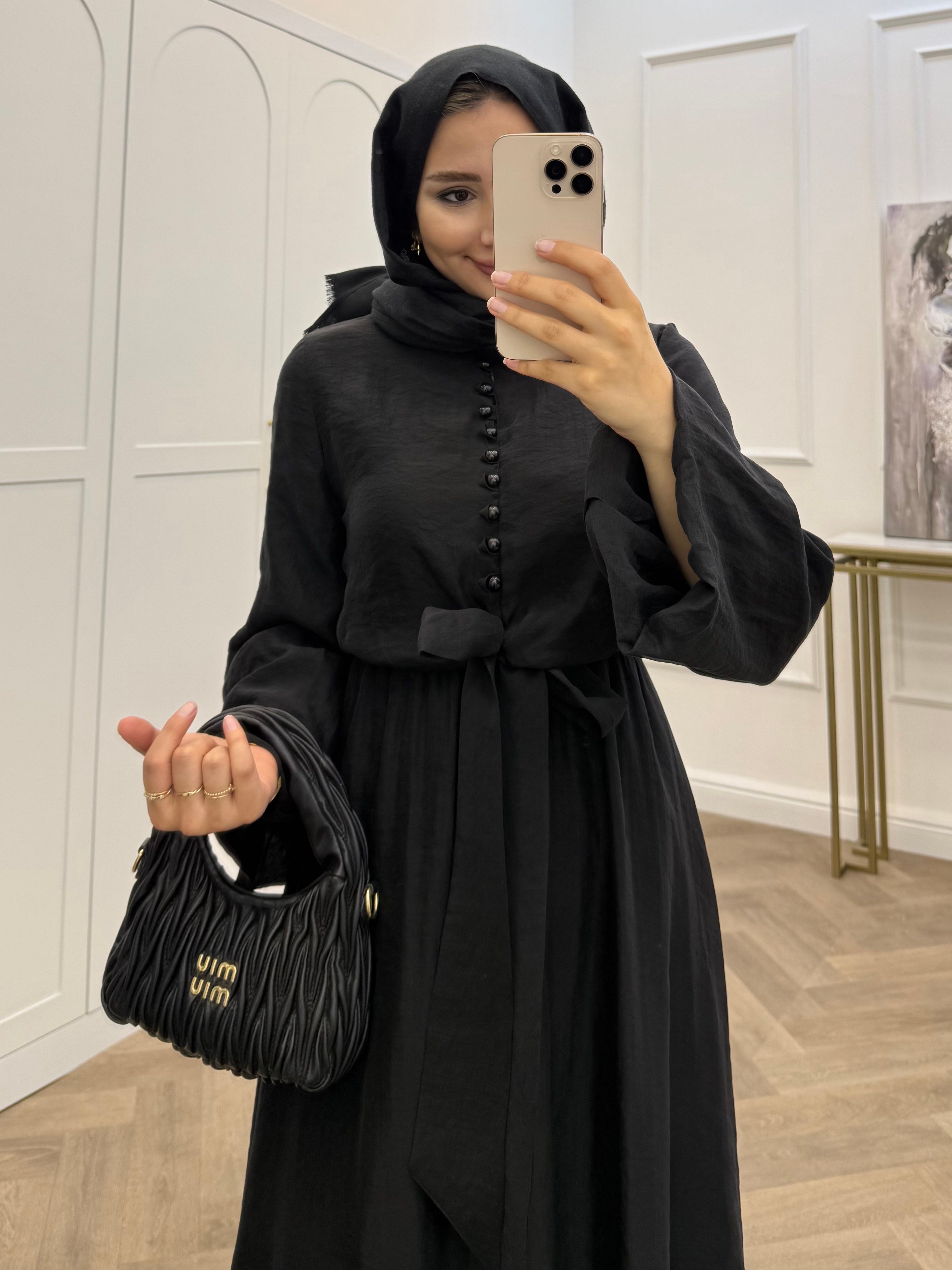 DÜĞMELİ POPLİN ELBİSE SİYAH