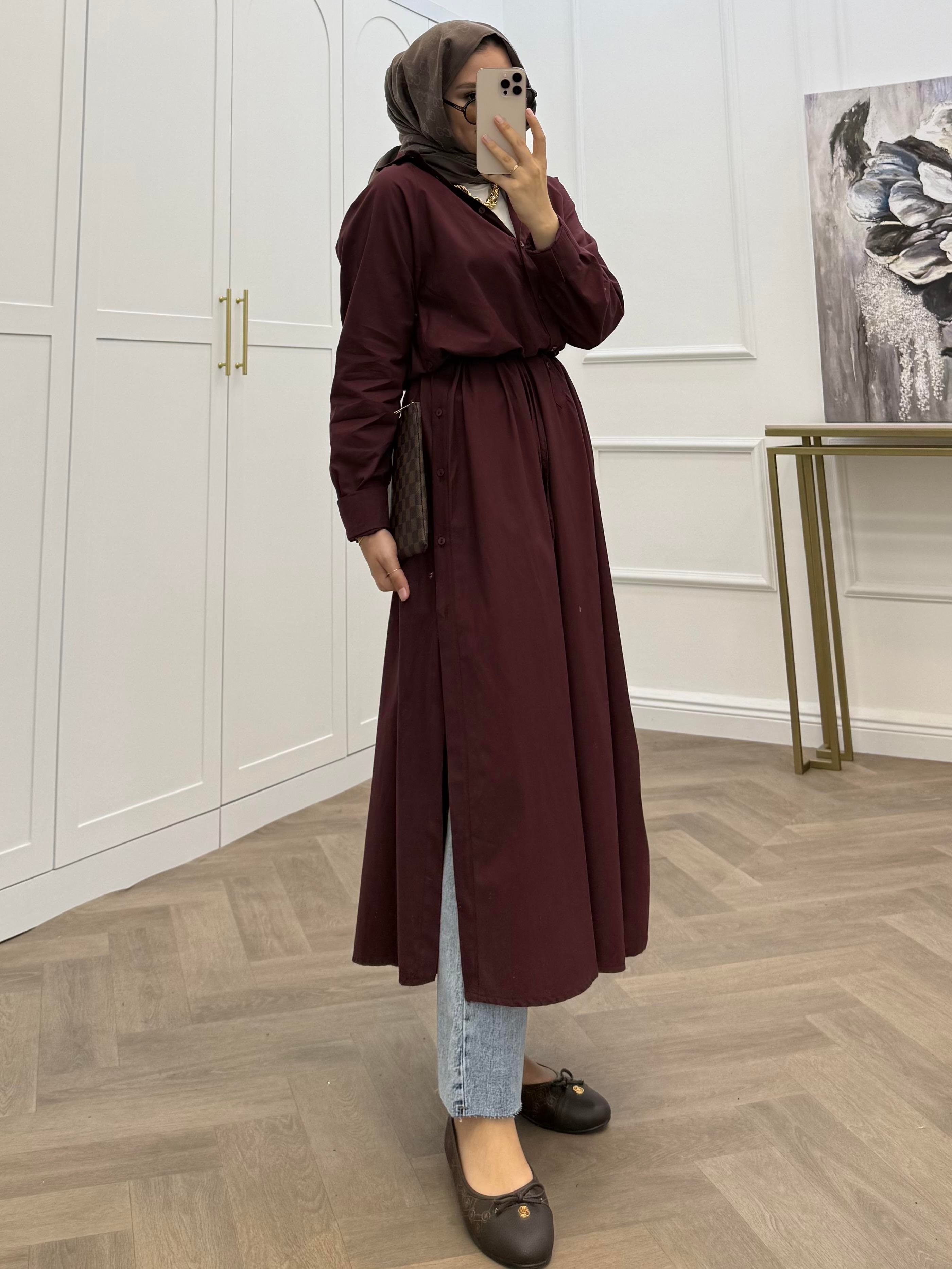 DÜĞMELİ POPLİN TUNİK ELBİSE BORDO