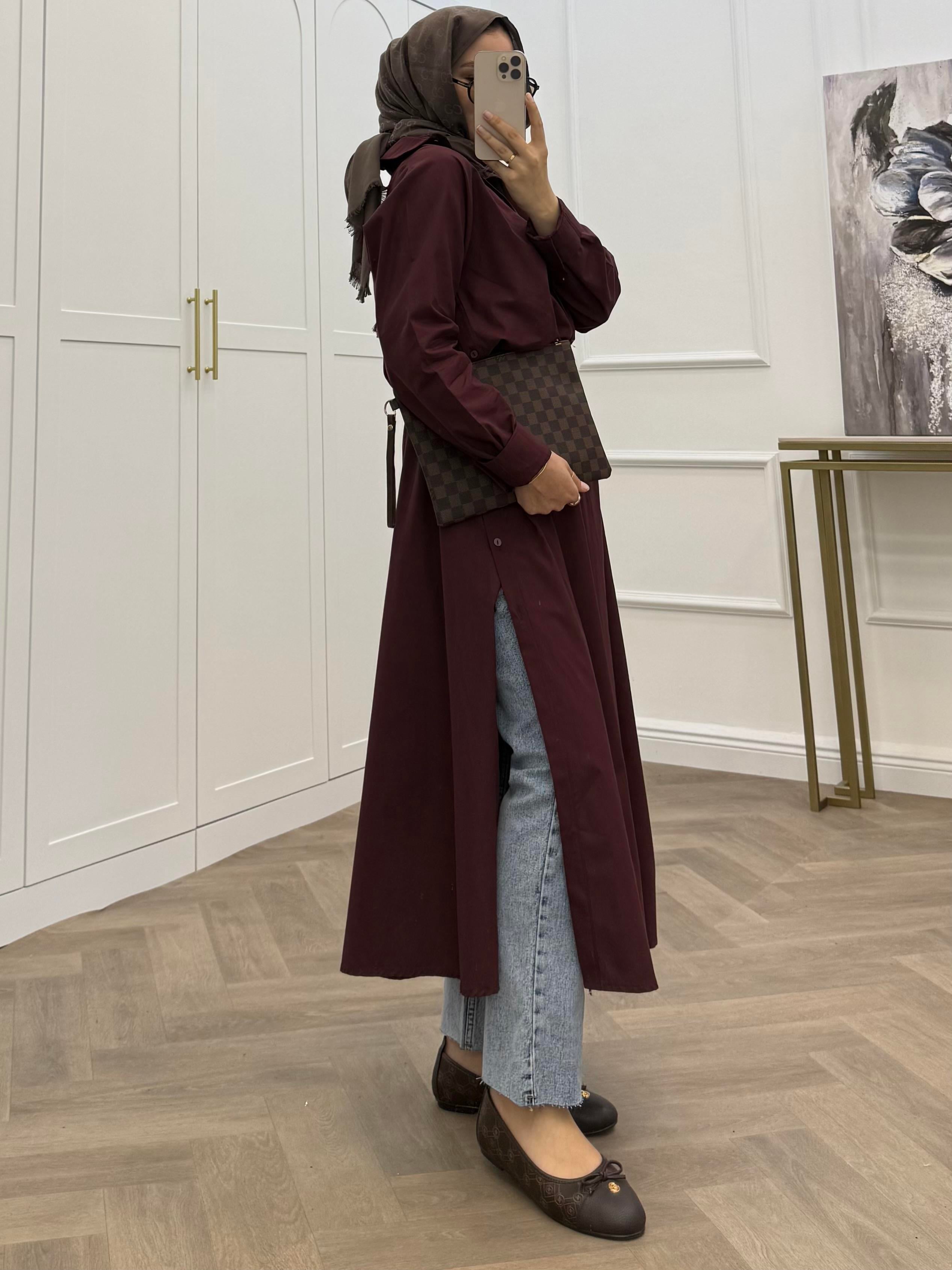 DÜĞMELİ POPLİN TUNİK ELBİSE BORDO