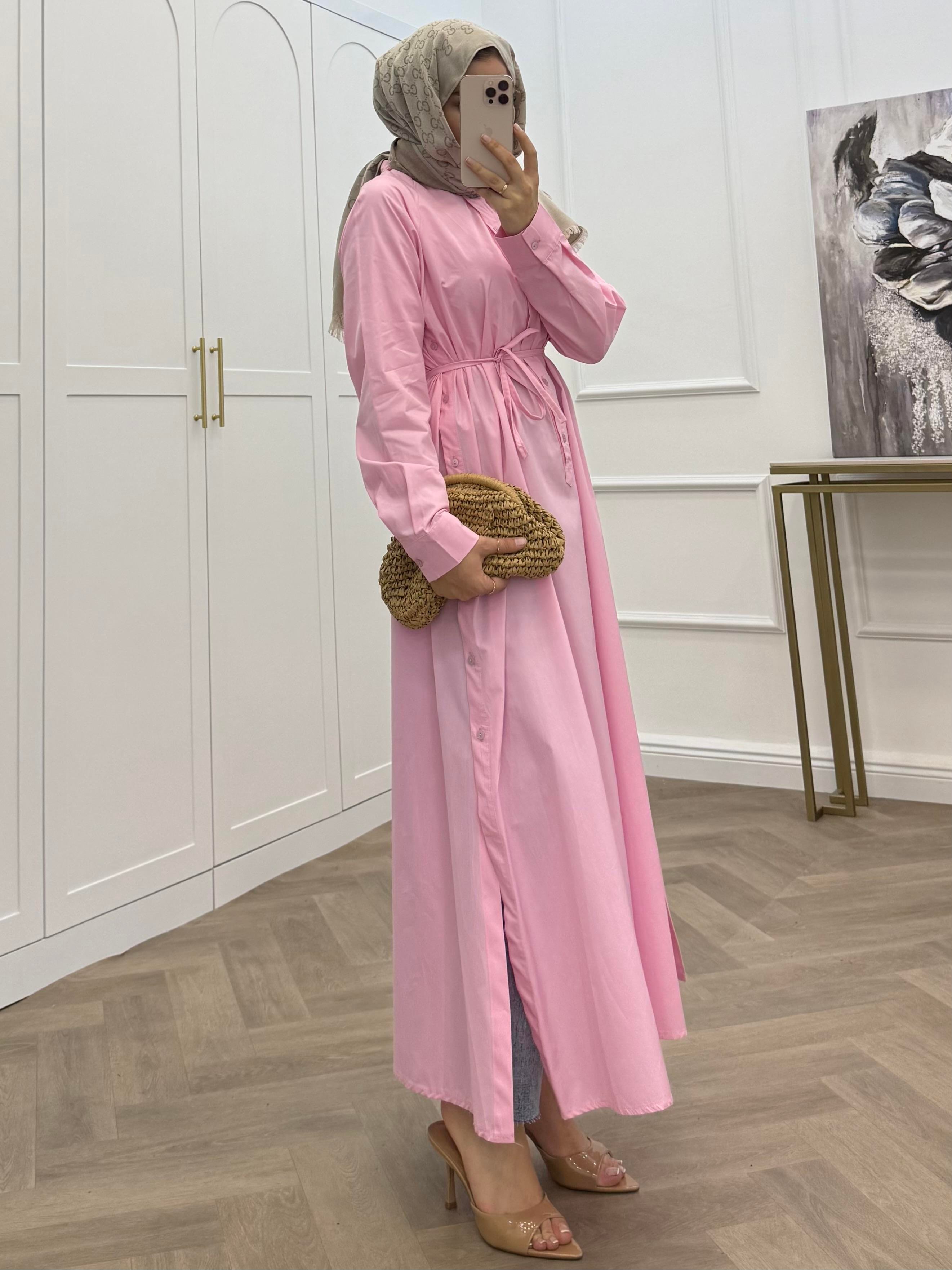 DÜĞMELİ POPLİN TUNİK ELBİSE PEMBE