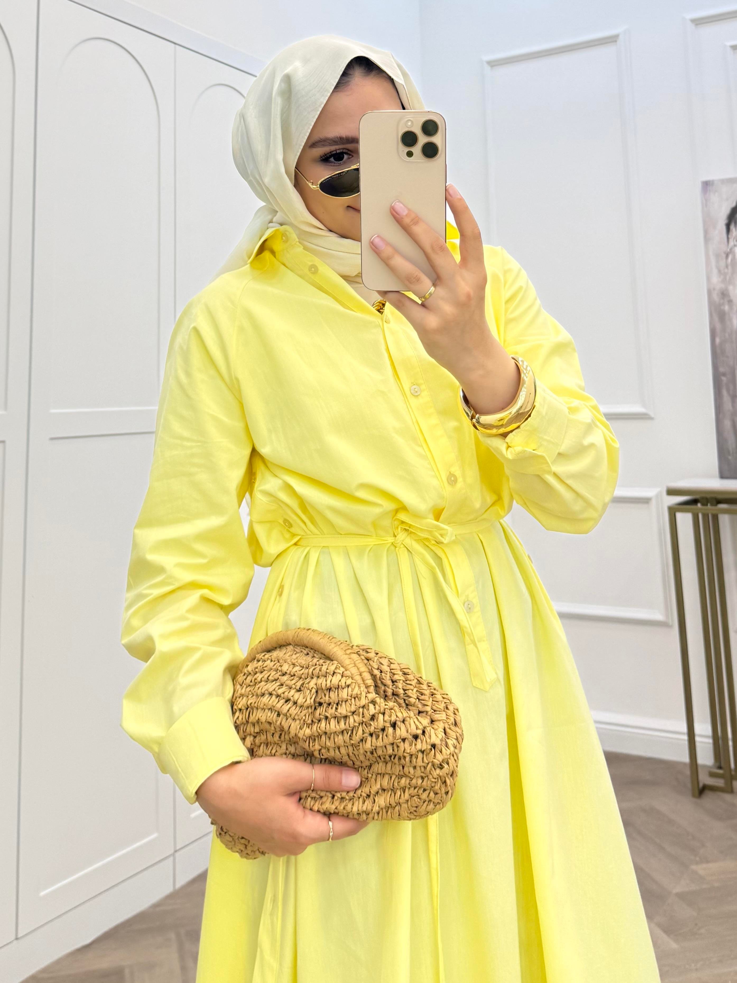 DÜĞMELİ POPLİN TUNİK ELBİSE SARI