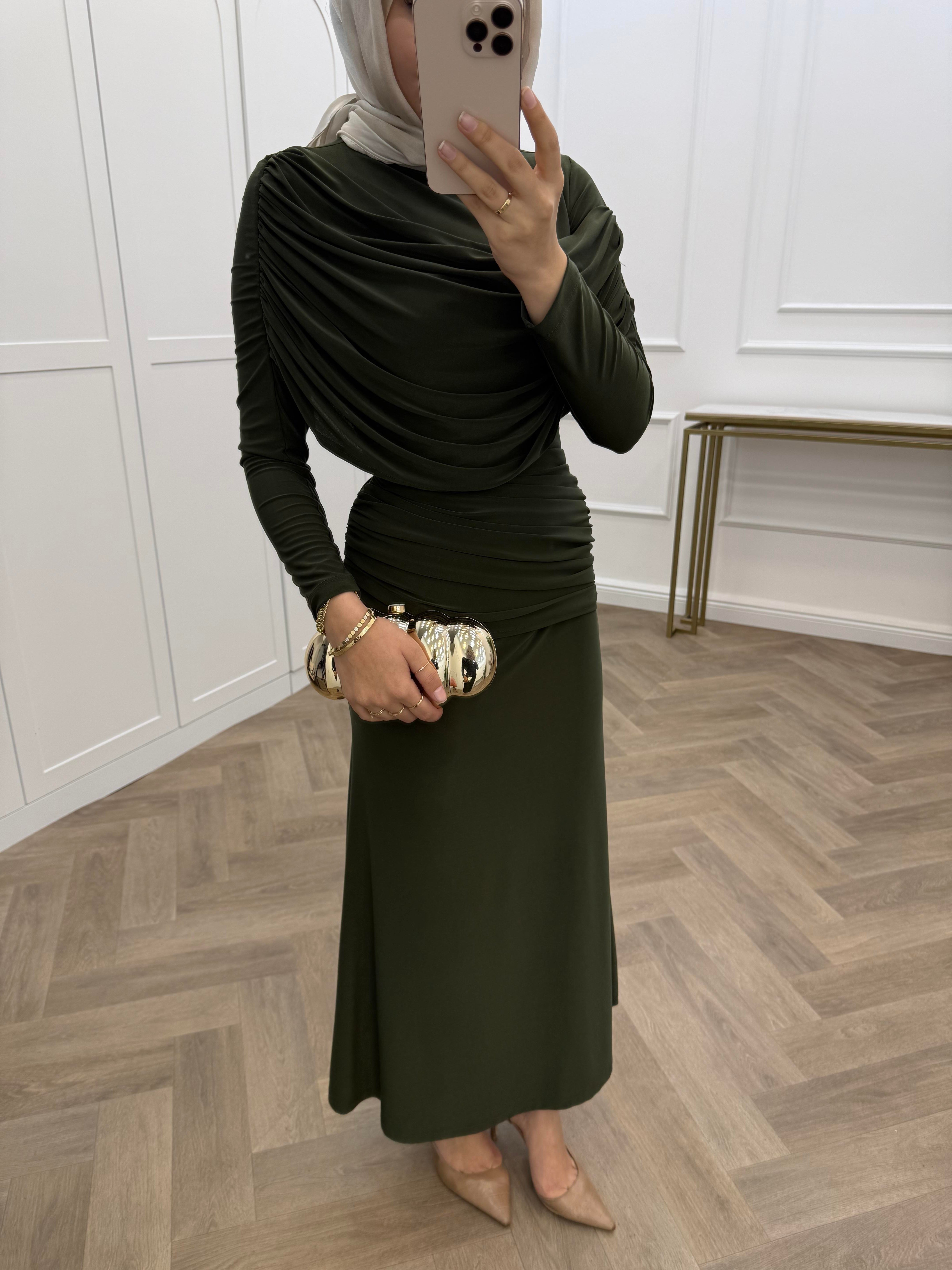 FARAH DEGAJE YAKA SANDY ELBİSE HAKİ