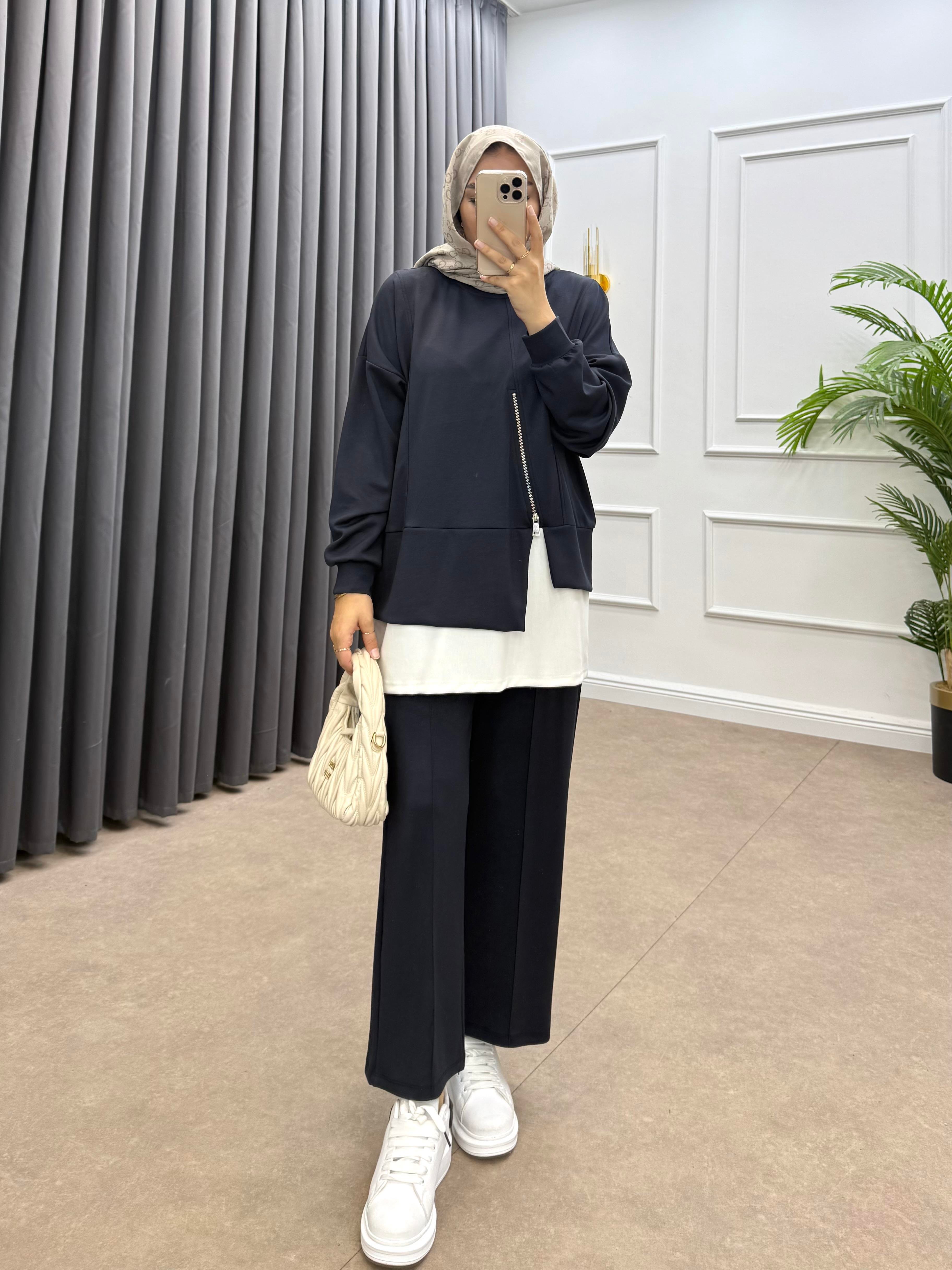 FERMUAR DETAYLI MODAL PANTOLONLU TAKIM LACİVERT