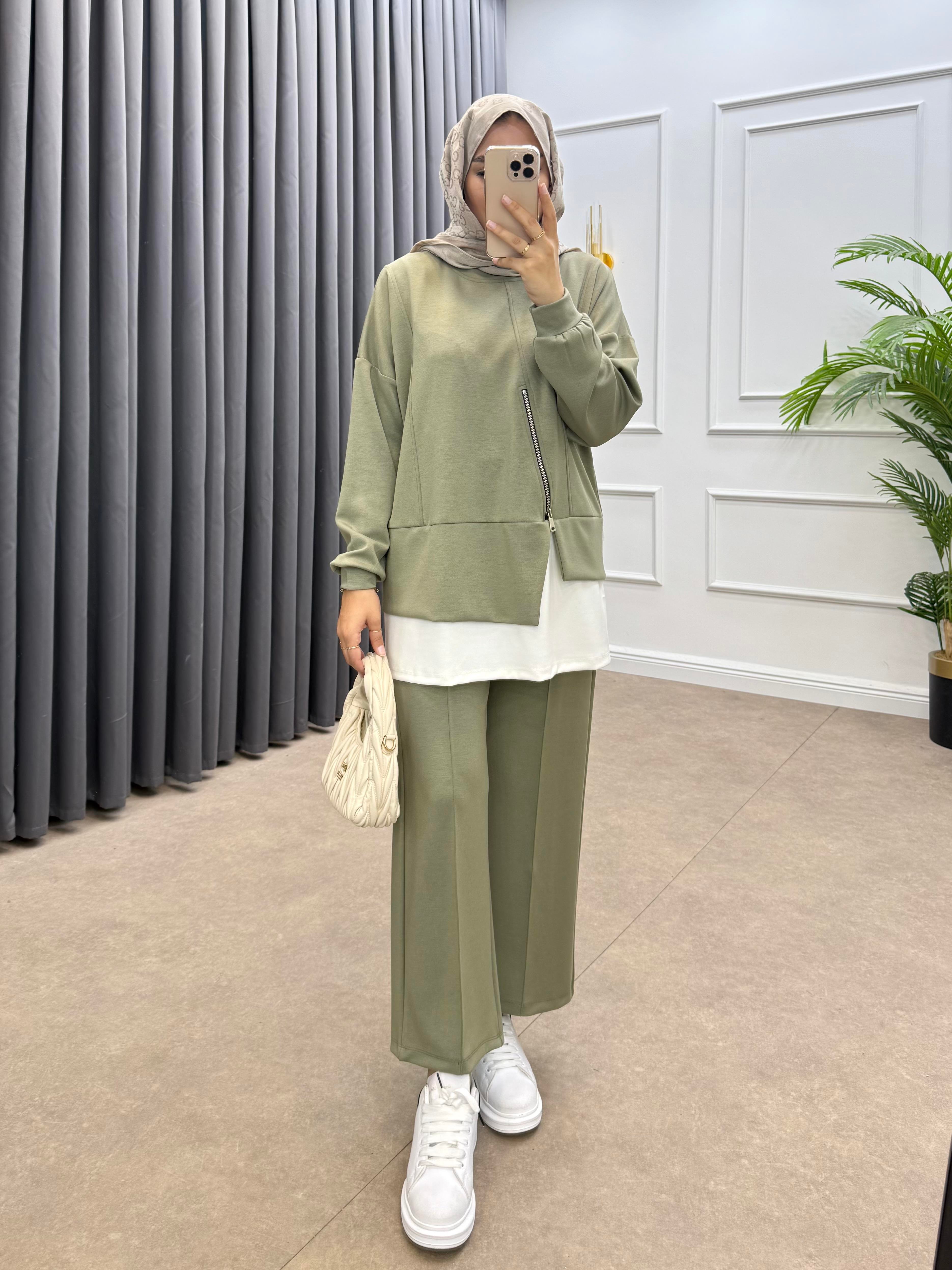 FERMUAR DETAYLI MODAL PANTOLONLU TAKIM HAKİ