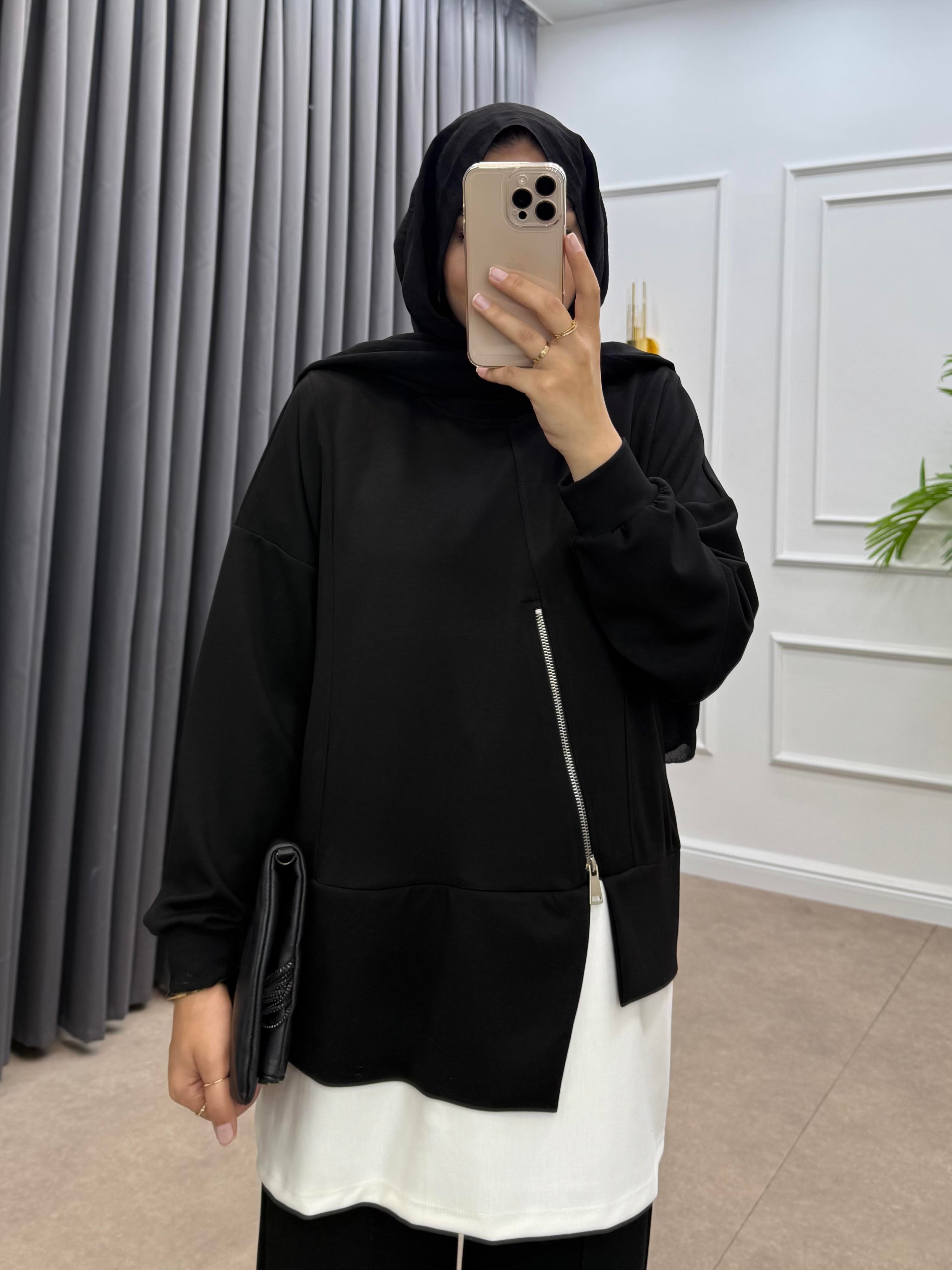 FERMUAR DETAYLI MODAL PANTOLONLU TAKIM SİYAH