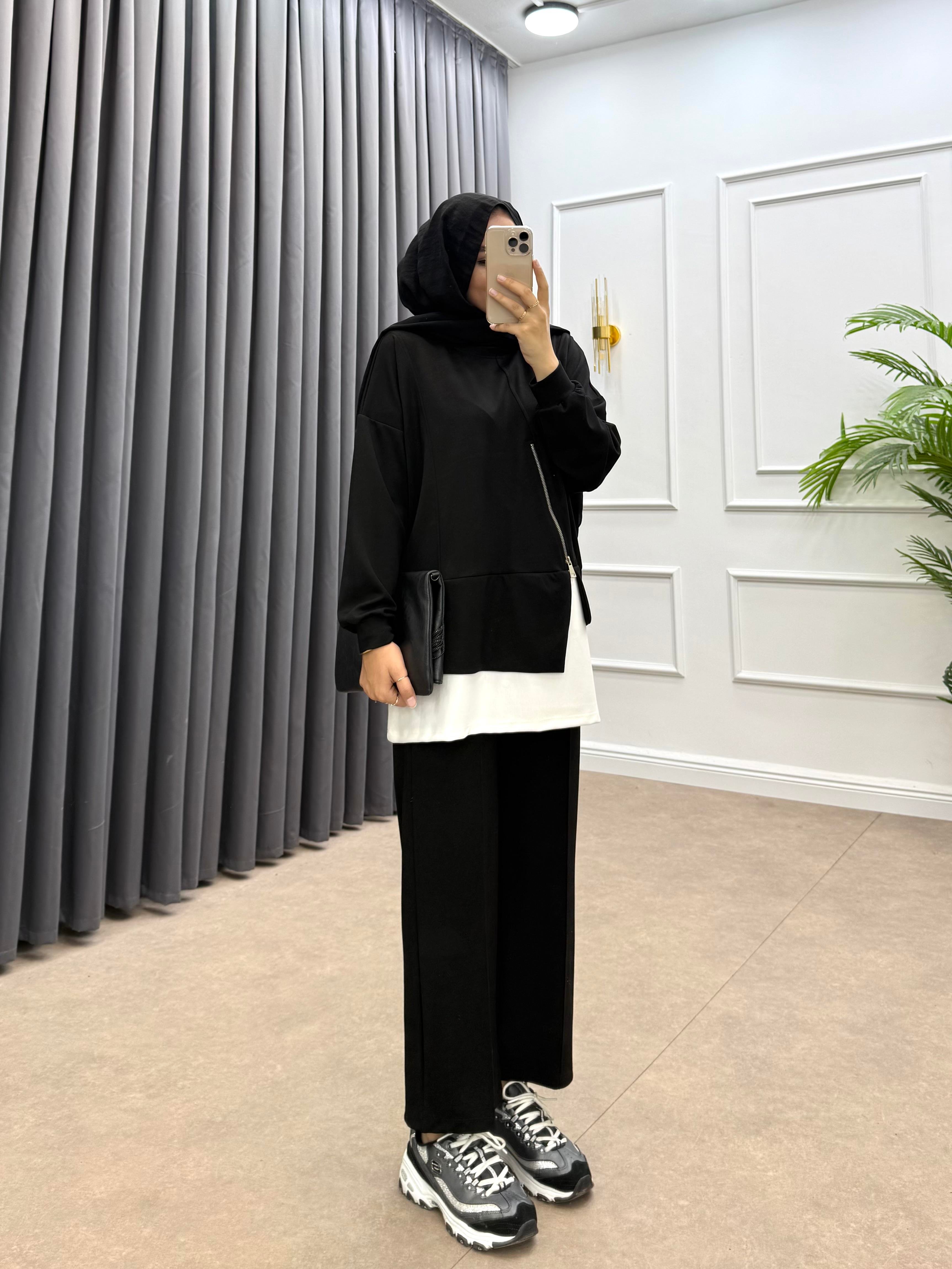 FERMUAR DETAYLI MODAL PANTOLONLU TAKIM SİYAH