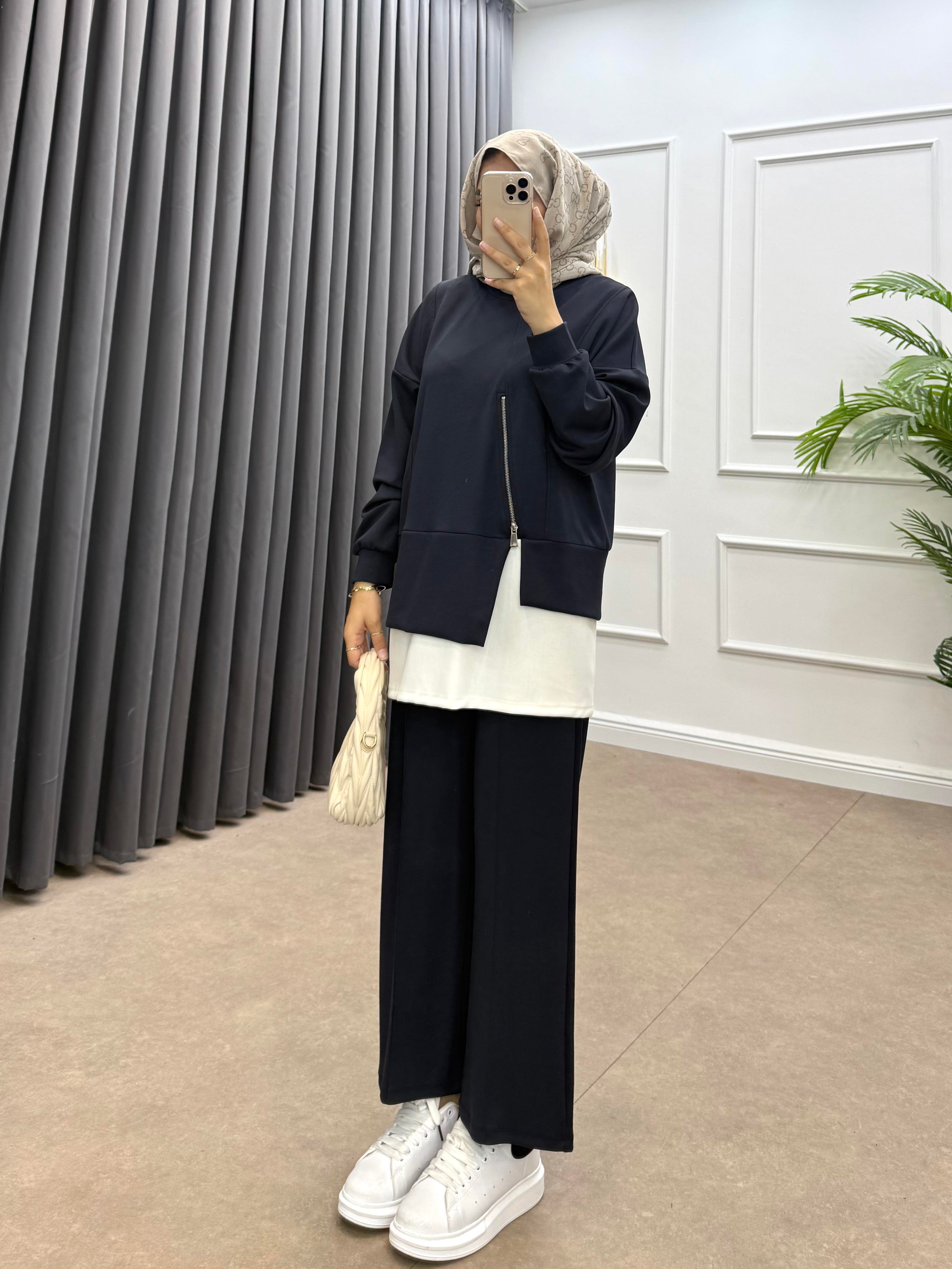 FERMUAR DETAYLI MODAL PANTOLONLU TAKIM LACİVERT