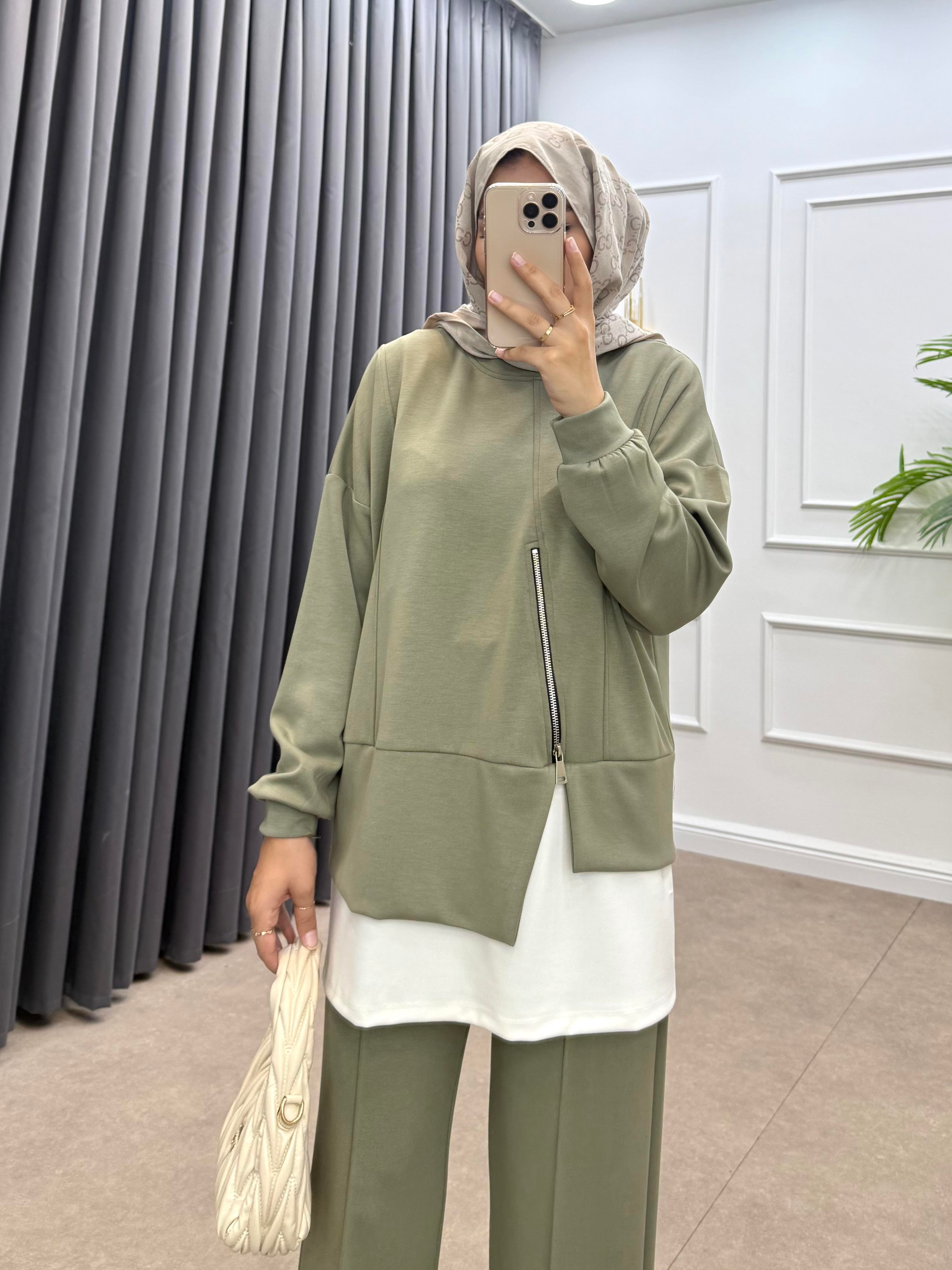 FERMUAR DETAYLI MODAL PANTOLONLU TAKIM HAKİ