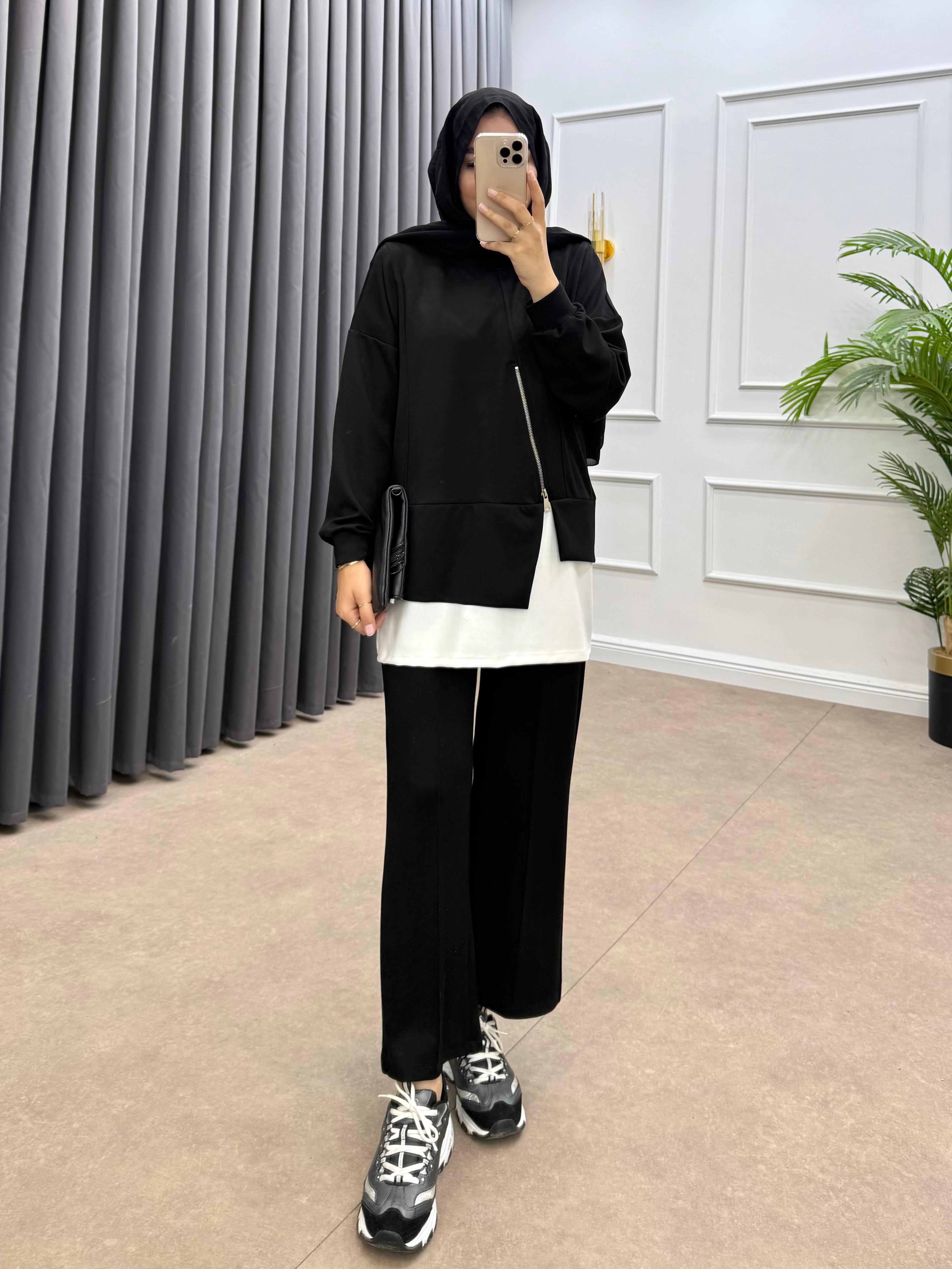 FERMUAR DETAYLI MODAL PANTOLONLU TAKIM SİYAH