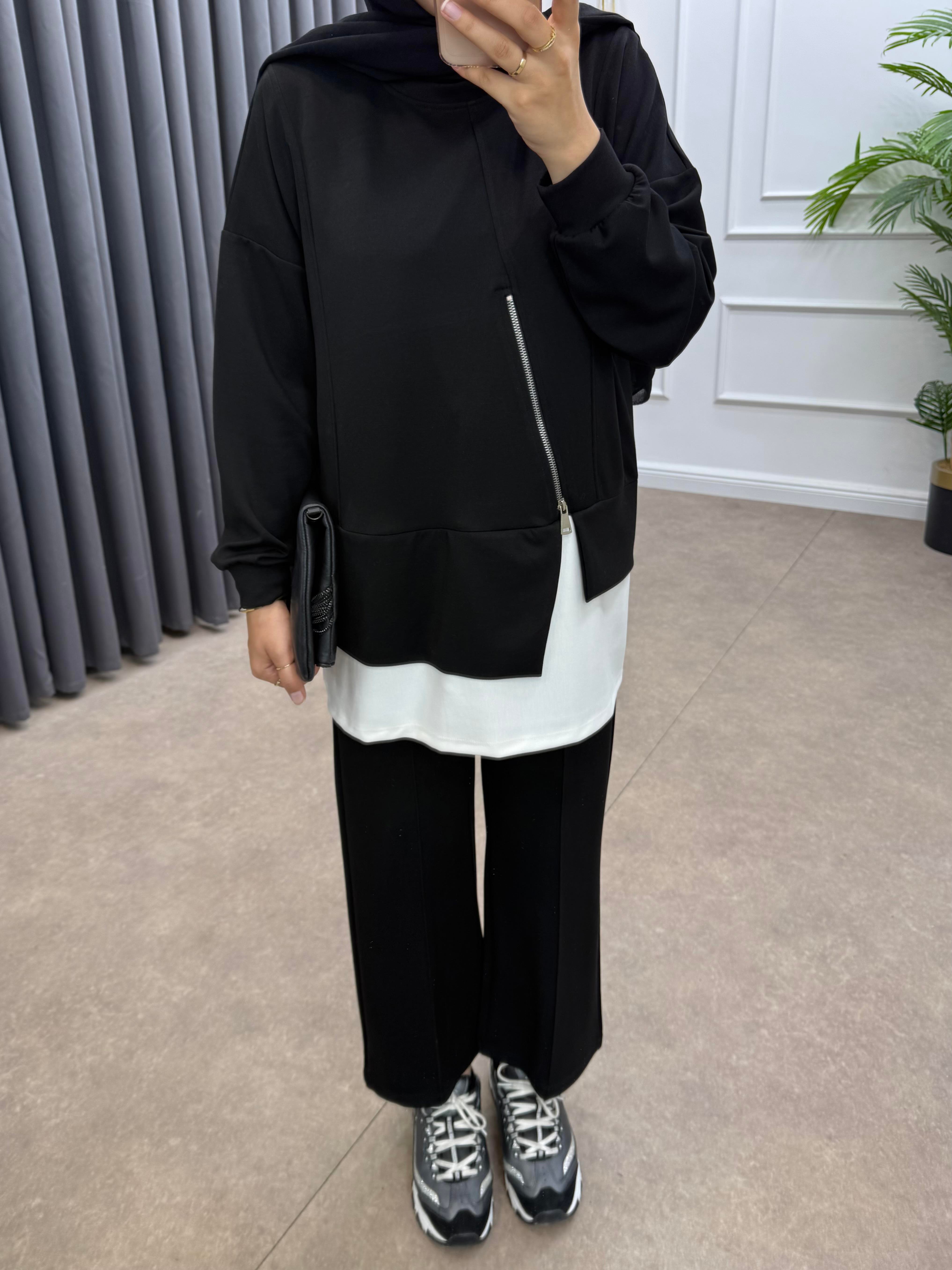 FERMUAR DETAYLI MODAL PANTOLONLU TAKIM SİYAH