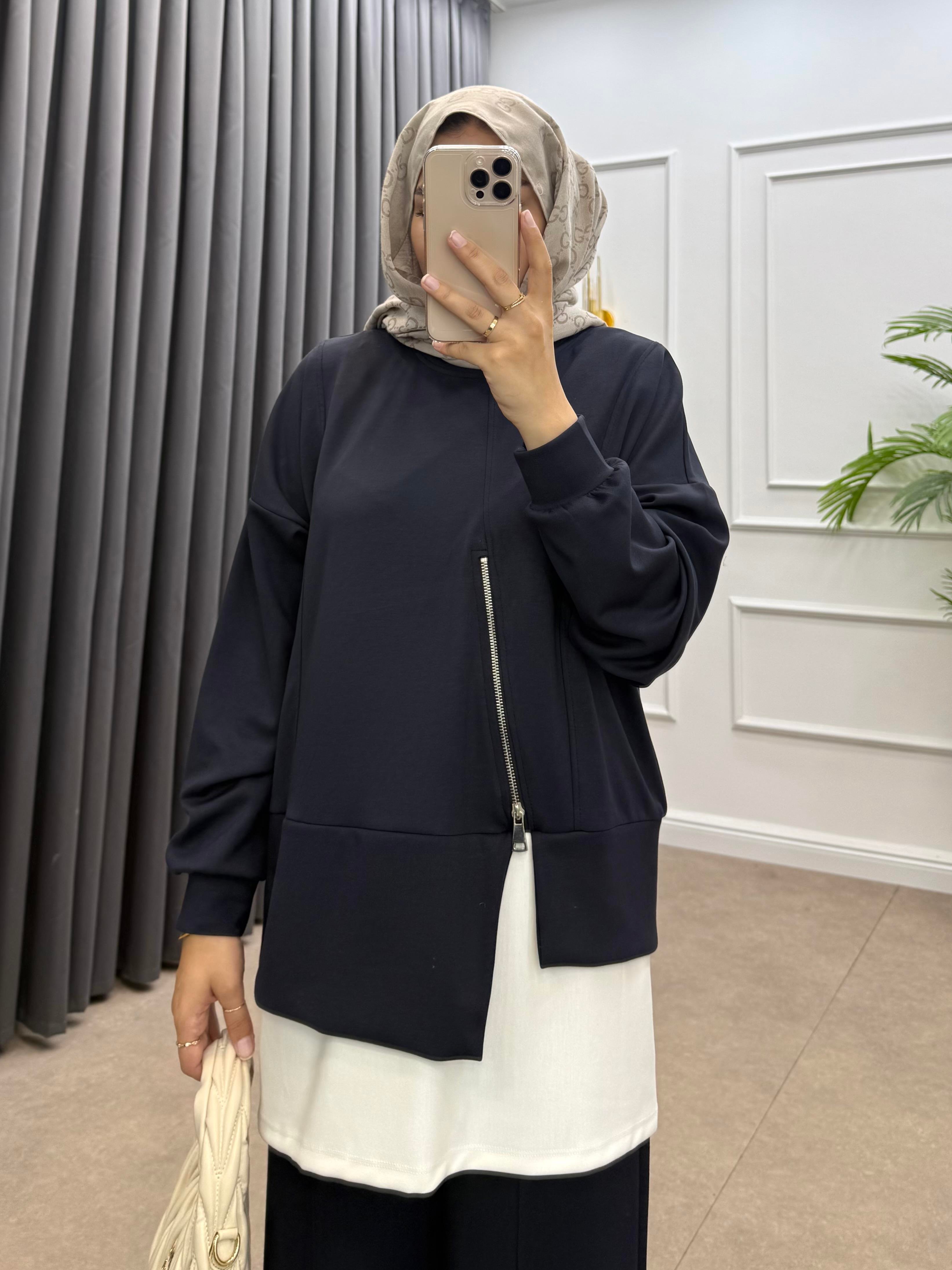 FERMUAR DETAYLI MODAL PANTOLONLU TAKIM LACİVERT