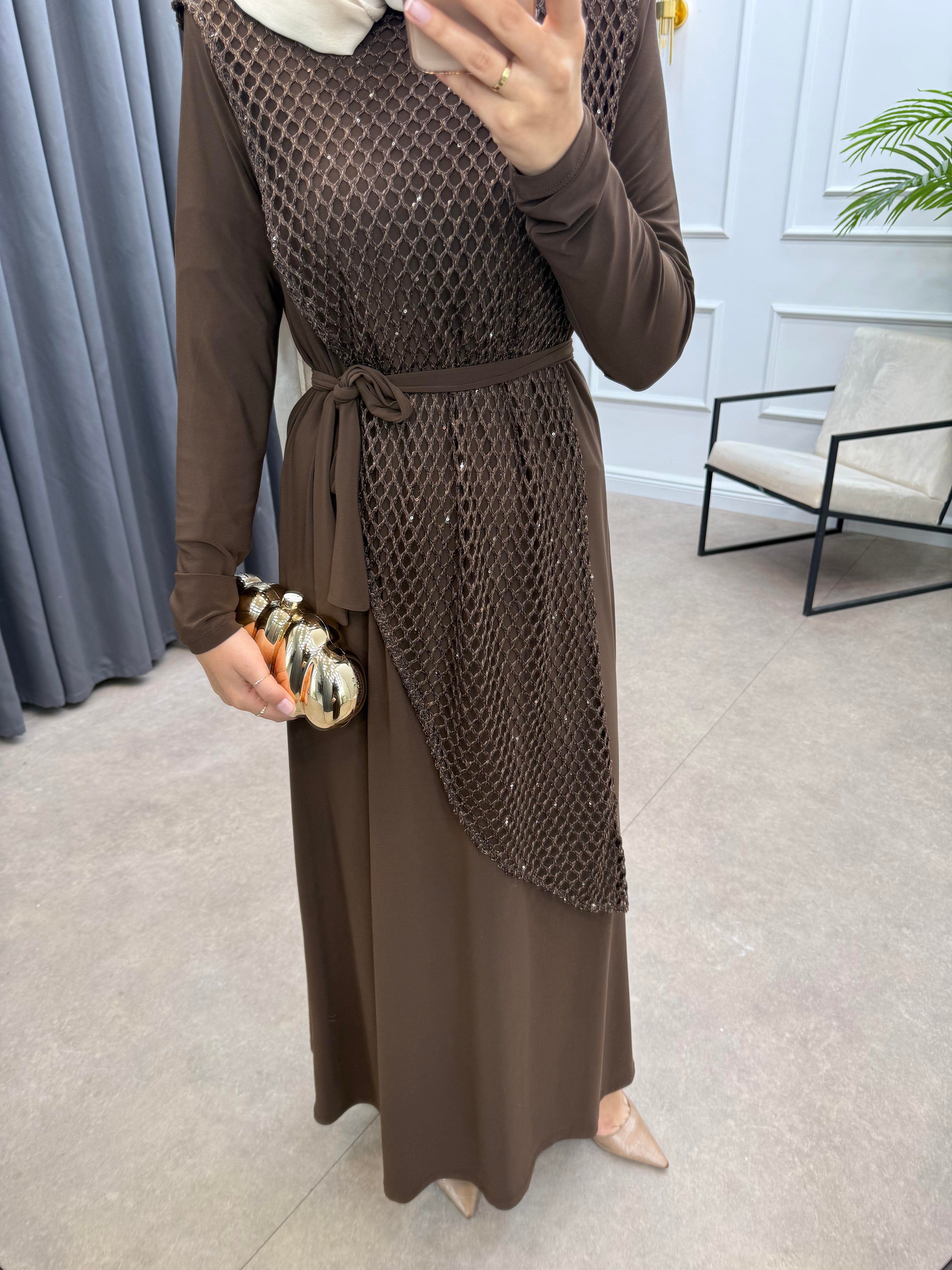 FİLE DETAY SANDY ELBİSE KAHVE